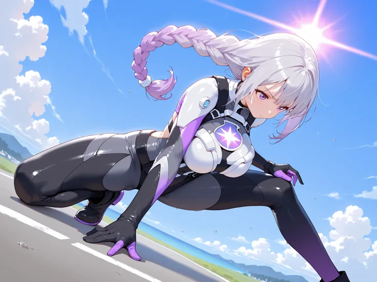Criptic girl, masterpiece, best quality, amazing quality, very aesthetic, absurdres, sensitive, (dynamic Dutch angle shot:1.5),lends flare,highly detailed cyber body suits, Extreme large Breast, long gradient purple twin braid hair ,(landing scene:1.2), (d...