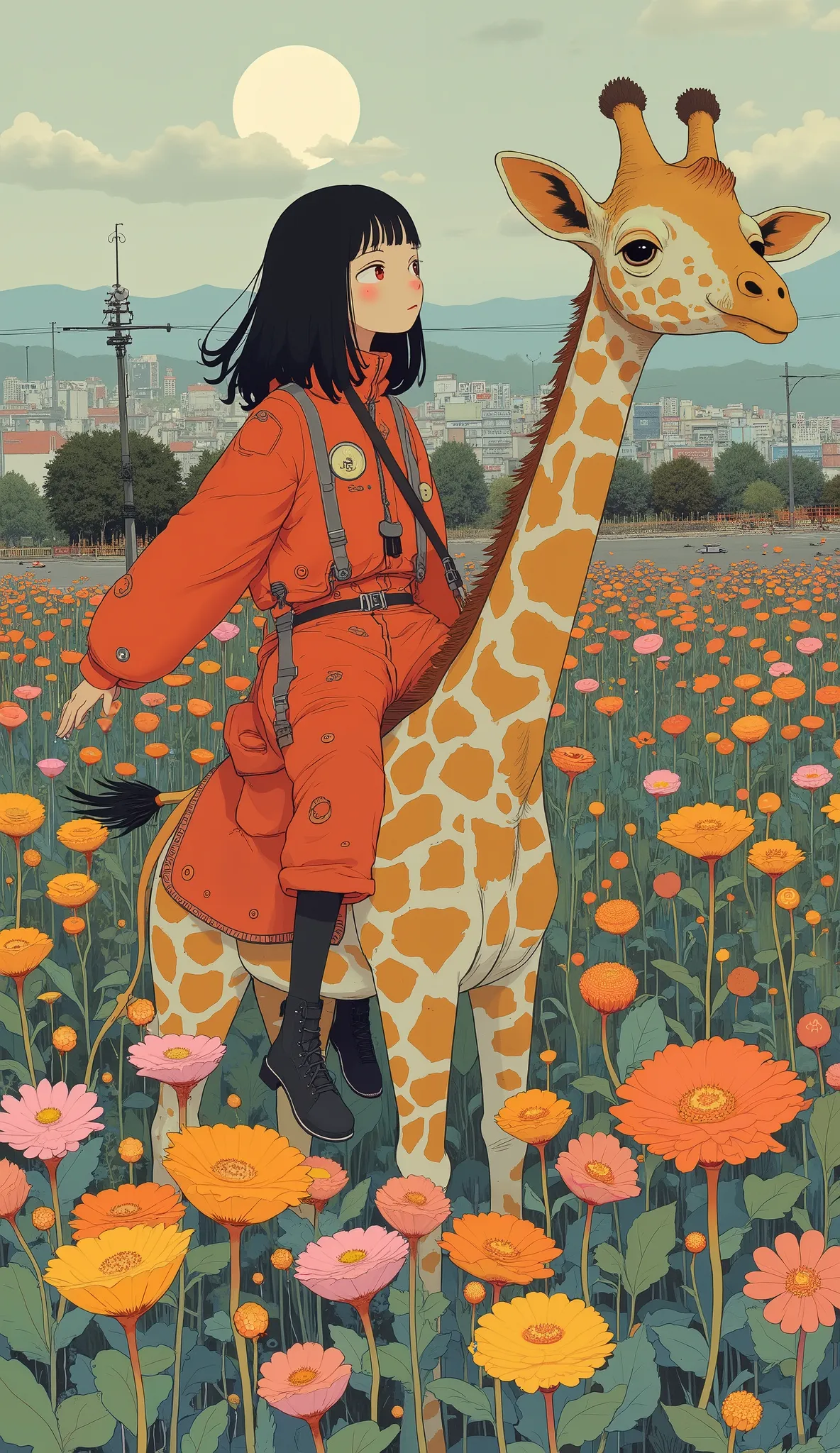 A high school student is riding a giraffe、A 、 black hair、 short hair、 Lots of Flowers 、Red winter clothes、Genuine、bold configuration、 showing reference direction 、 pictures、 beautiful girl。