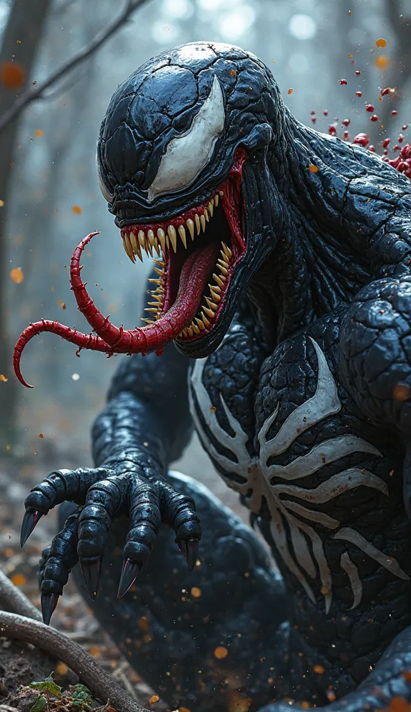 Venom's high-quality realistic comic style, drawn in detail,  ultra-precise , 4K, photorealistic, complex plot, bright saturated colors, dramatic lighting, ingrown into the trunk, rough textures, complex effects, dynamic pose, ominous gaze, impressive muscular silhouette, threatening claws and teeth, A creepy mouth , shimmering black symbiotic suit, Slimy texture, spikes and growths