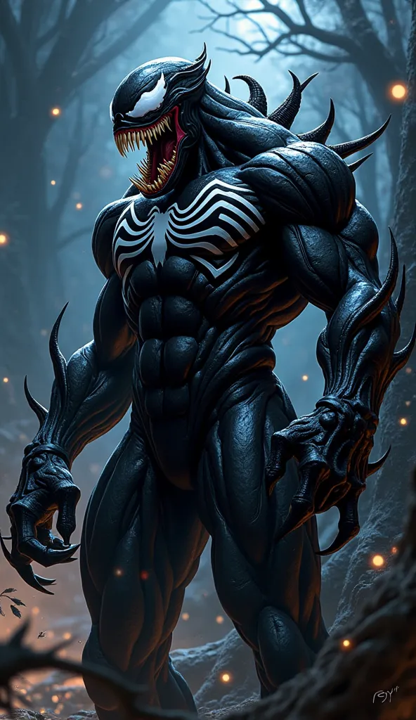 Venom's high-quality realistic comic style, Night, lights,drawn in detail,  ultra-precise , 4K, photorealistic, complex plot, bright saturated colors, dramatic lighting, ingrown into the trunk, rough textures, complex effects, dynamic pose, ominous gaze, impressive muscular silhouette, threatening claws and teeth, A creepy mouth , shimmering black symbiotic suit, Slimy texture, spikes and growths