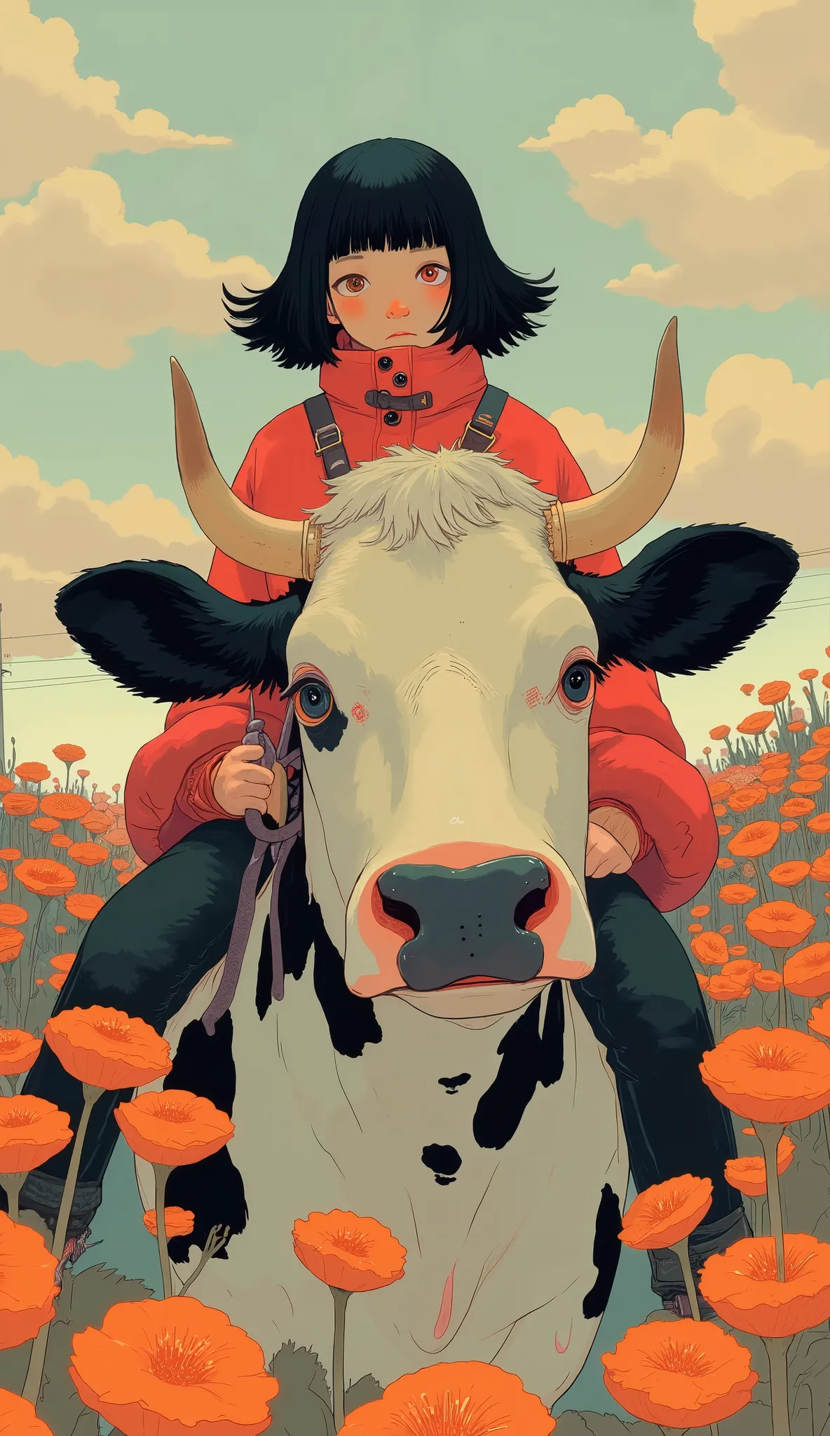 A high school student is riding a Holstein、A 、 black hair、 short hair、 Lots of Flowers 、Red winter clothes、Genuine、bold configuration、 showing reference direction 、 pictures、 beautiful girl。