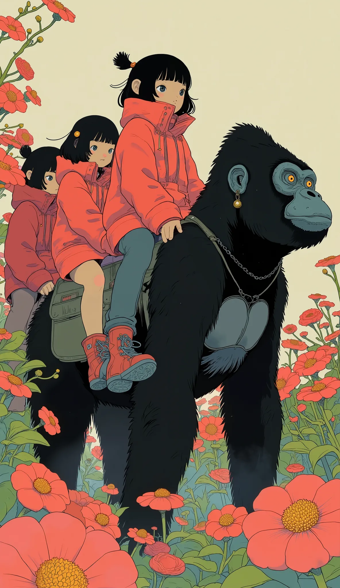 High school students are riding gorillas、A 、 black hair、 short hair、 Lots of Flowers 、Red winter clothes、Genuine、bold configuration、 showing reference direction 、 pictures、 beautiful girl。