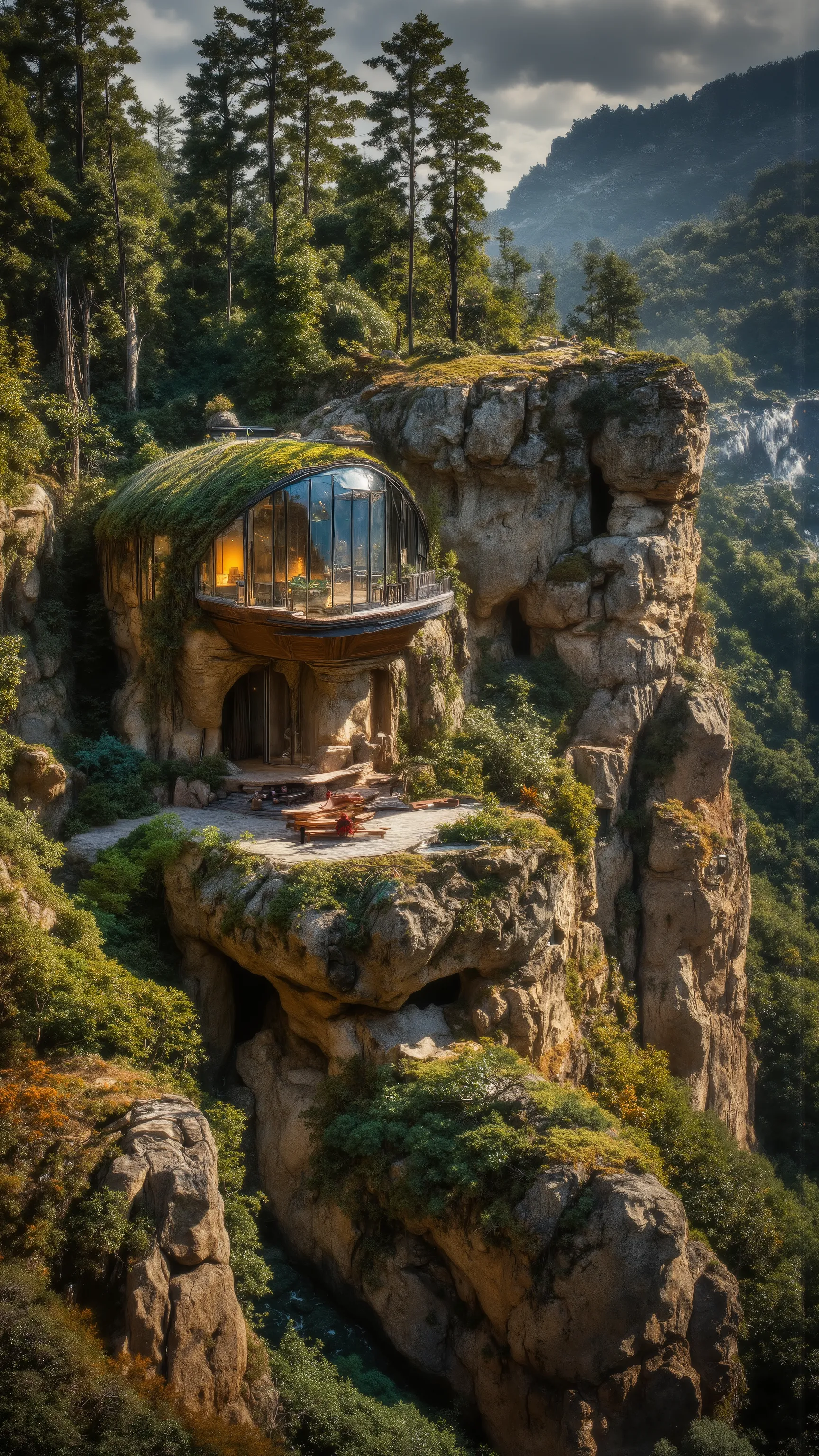 A wide cinematic view of a unique dreamhouse carved directly into a jagged, moss-covered rocky hillside, with curved glass walls following the shape of the terrain, smooth wood and stone integrated into the natural cliff face -- green roof with creeping iv...