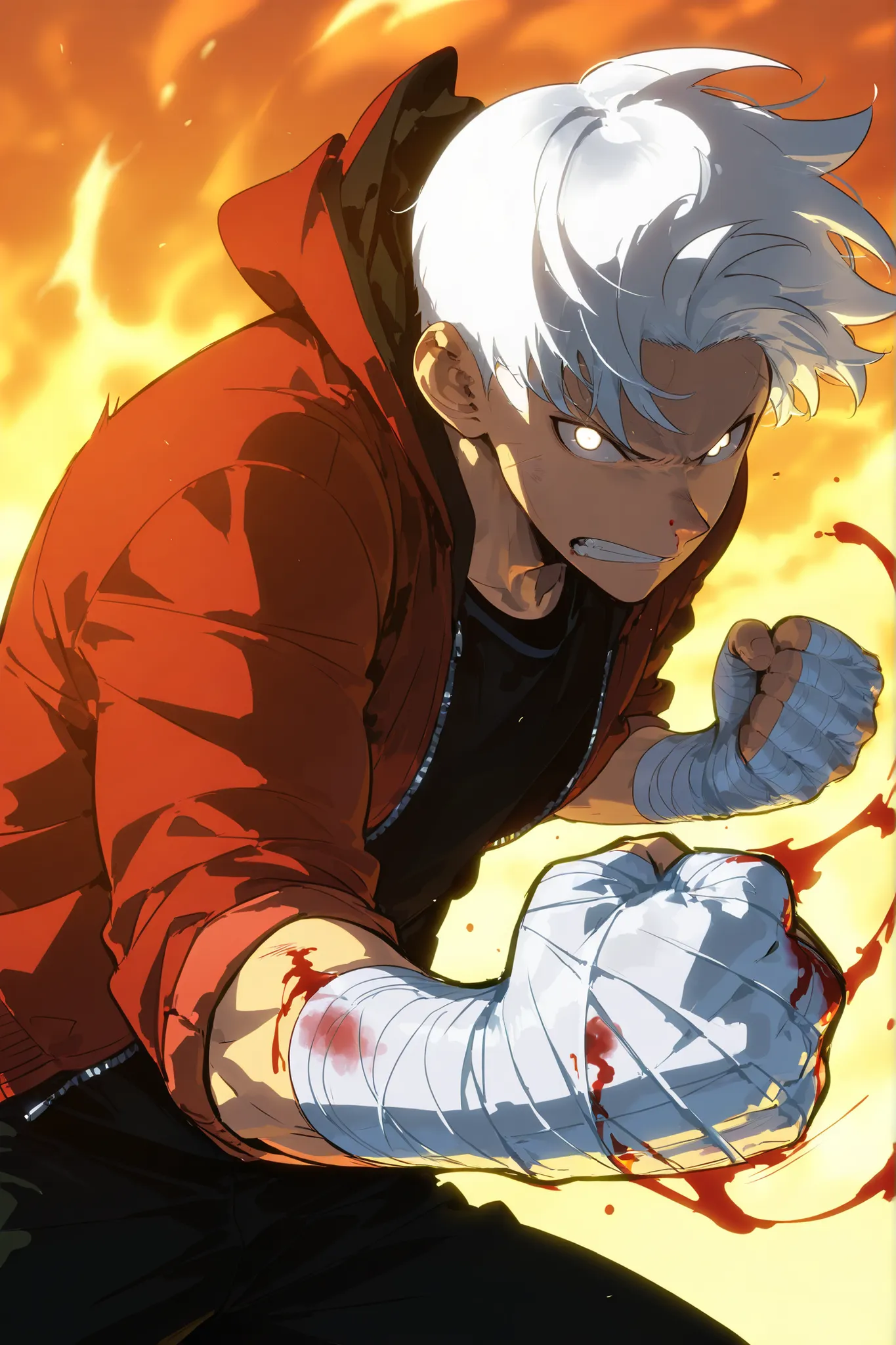 Handsome, Athletic, alone, male, Short spicky hair, long white hair, black orange eye, black shirt, red and black unzipped hoodie with rolled up sleeves, black pants, , intricate sketch, expressive eyes nose and mouth, simple pose, clench fist, blood on hi...