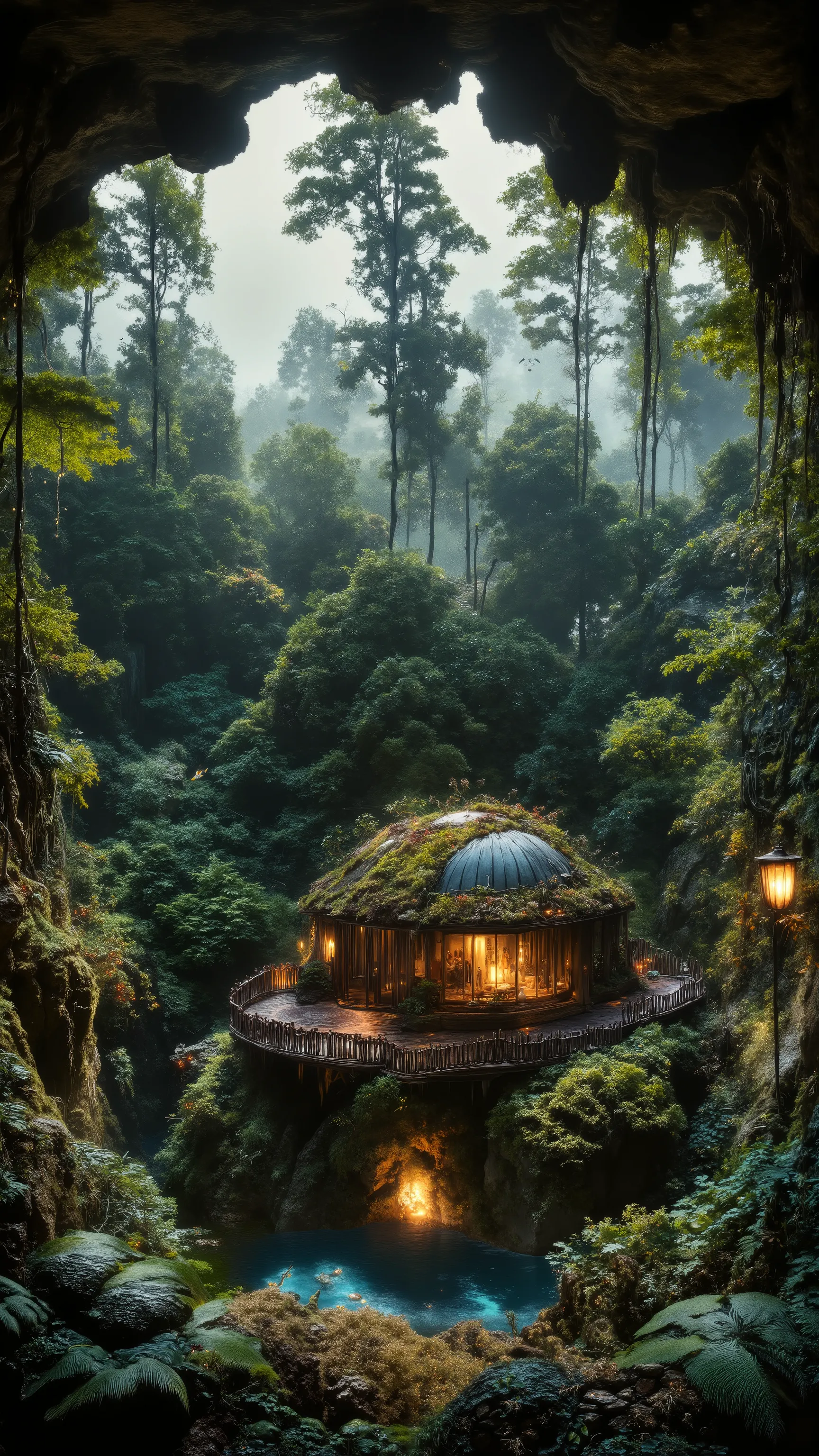 Cinematic wide-angle shot of a unique dreamhouse nestled in a natural forest crater or bowl, with 360° tree-covered slopes surrounding the low central house -- architecture is circular, partially underground with a glass dome roof revealing the glowing int...