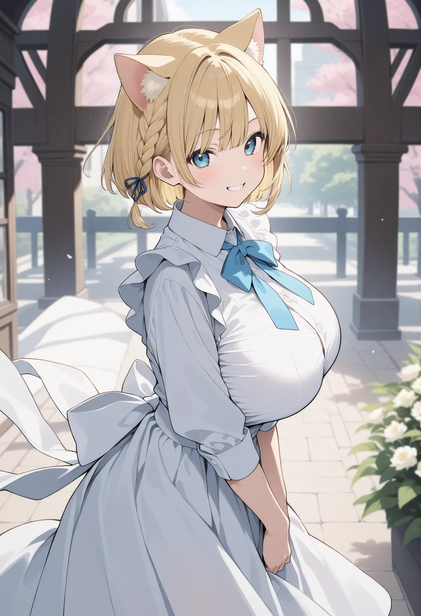 Blonde Cat Ears、bob cut blonde hair、 braids on both sides、big breasts、smile