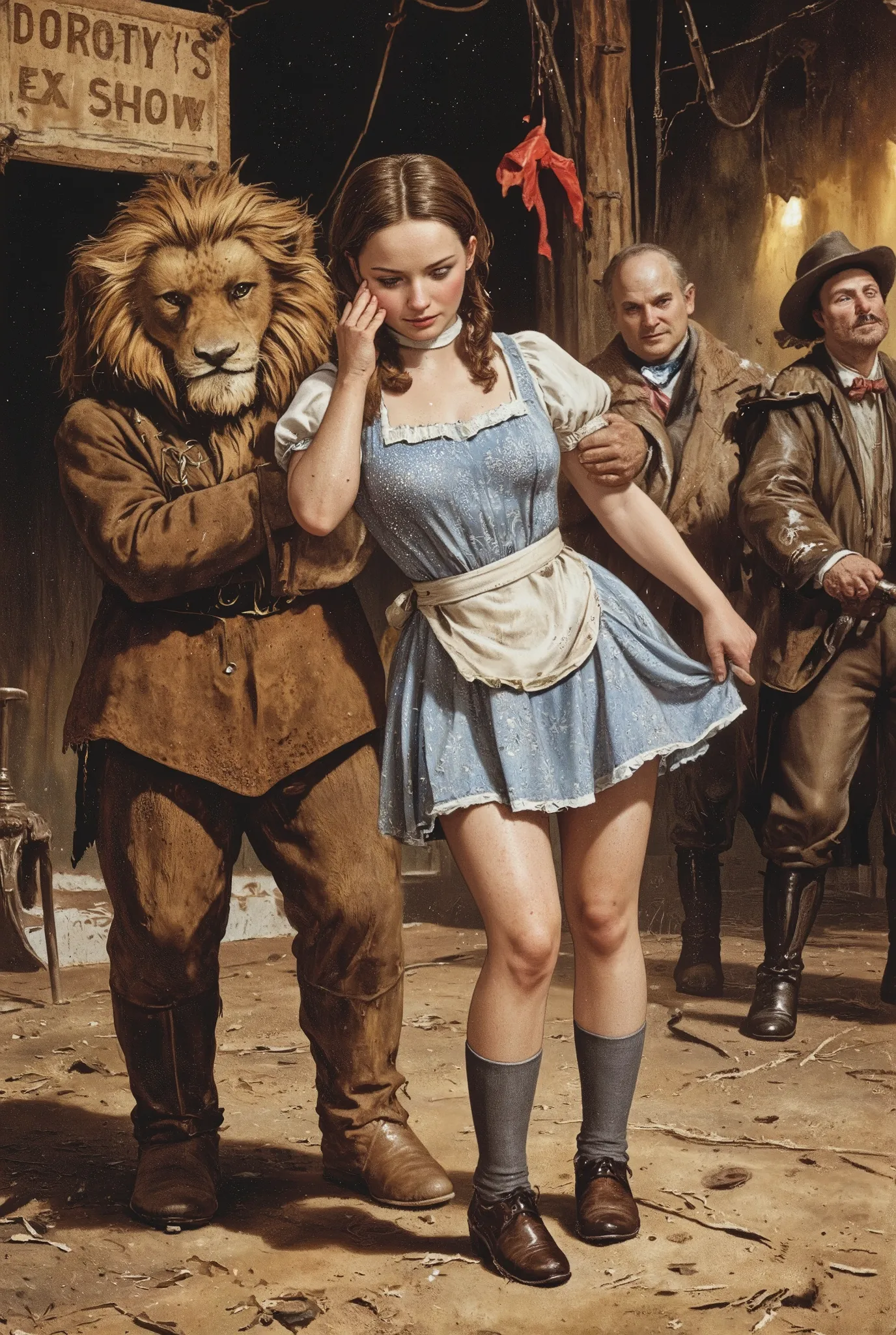 The Wandering Whore of Oz,
antqgldnCE style, illustration,
nsfw,
for Adults,
Photorealism,
((A scene from an action movie)),
Highly detailed,
19th century photo, antique photo, sepia-toned photo,
Fable for adults,
Dorothy is a cheerful and beautiful girl...