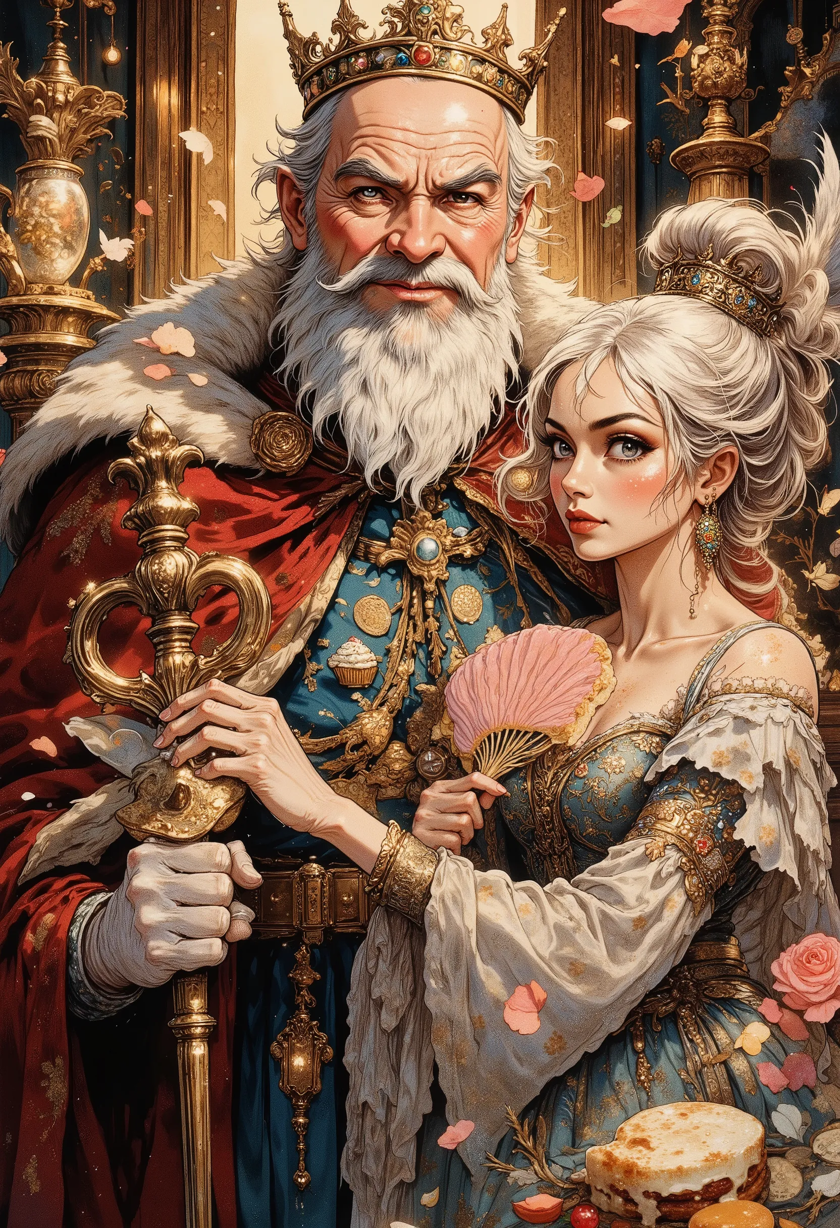 A dynamic semi-realistic illustration in the style of a glamorous fairy-tale comedy. An elderly but energetic king with a gray beard and a shiny bald head, adorned with a small but proud crown, dramatically bursts into the throne room, flinging open his ab...