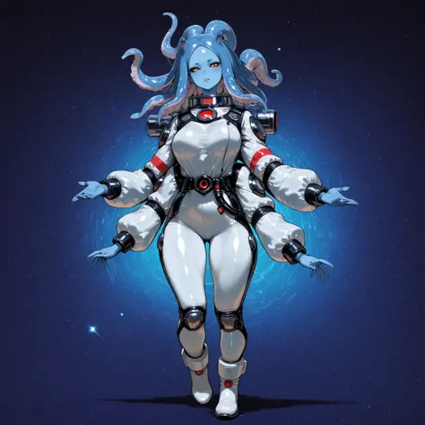 Full body alien woman with blue skin, big head, no ears, tentacle hair, four arms, in spandex spacesuit, spaceship laboratory background