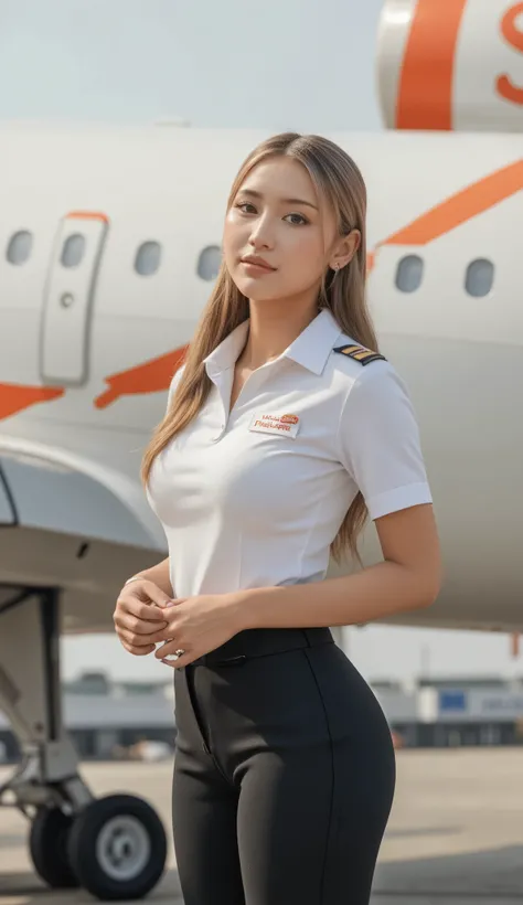 A highly realistic portrait of an 18-year-old female  pilot from SpiceJet airline, wearing a crisp pilot's uniform, standing confidently. The framing is from the waist up, featuring a warm, innocent smile that captivates the viewer. In the blurred backgrou...