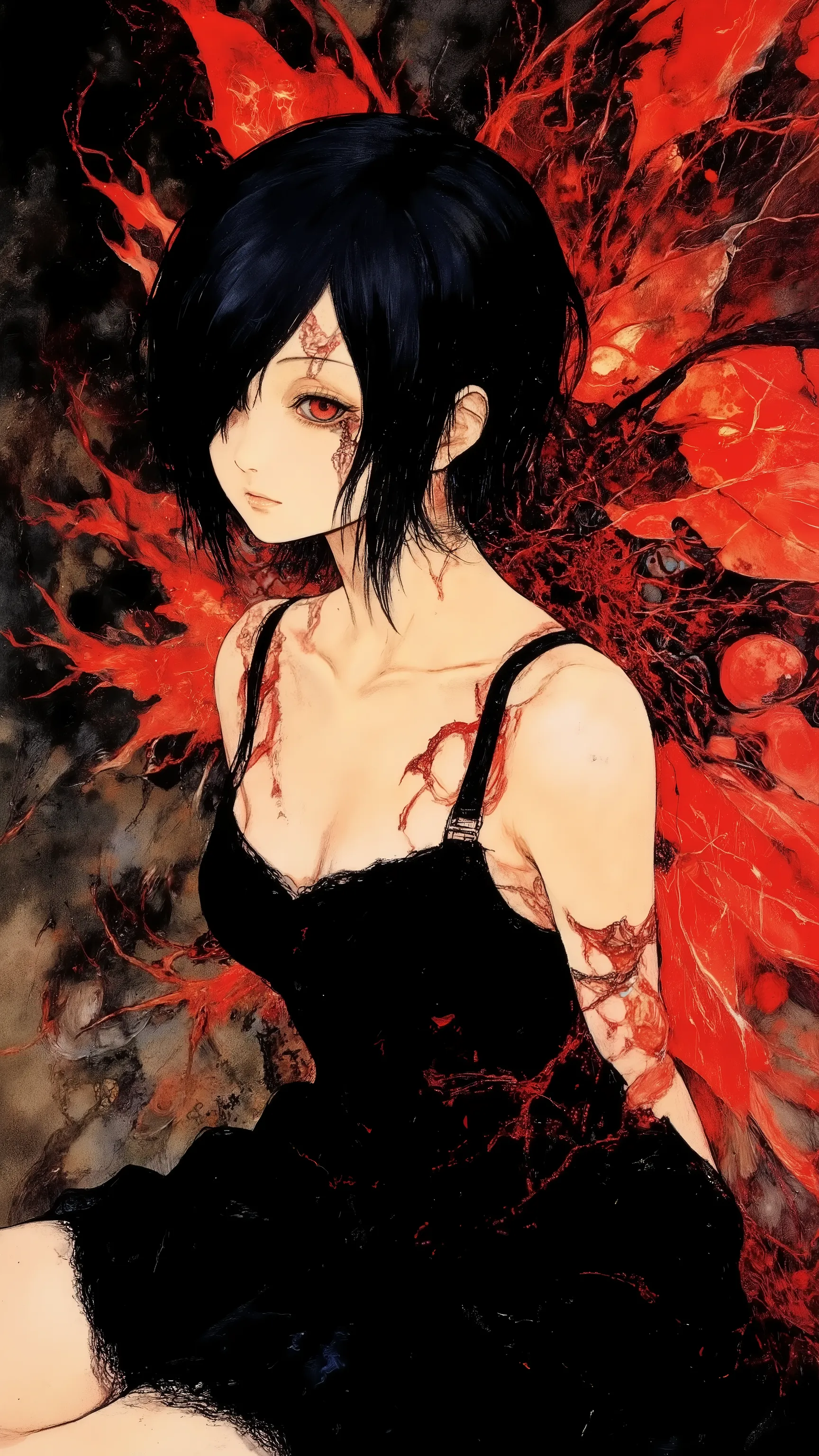 side view,1 girl,Touka Kirishima from Tokyo Ghoul,Ghoulification,((((Black Out Sclera:1.5)))),red eye,red tear,look far away,hair over one eye,dark blue hair,wearing black Camisole dress,Sitting on the floor holding your knees,big Red and black burning but...