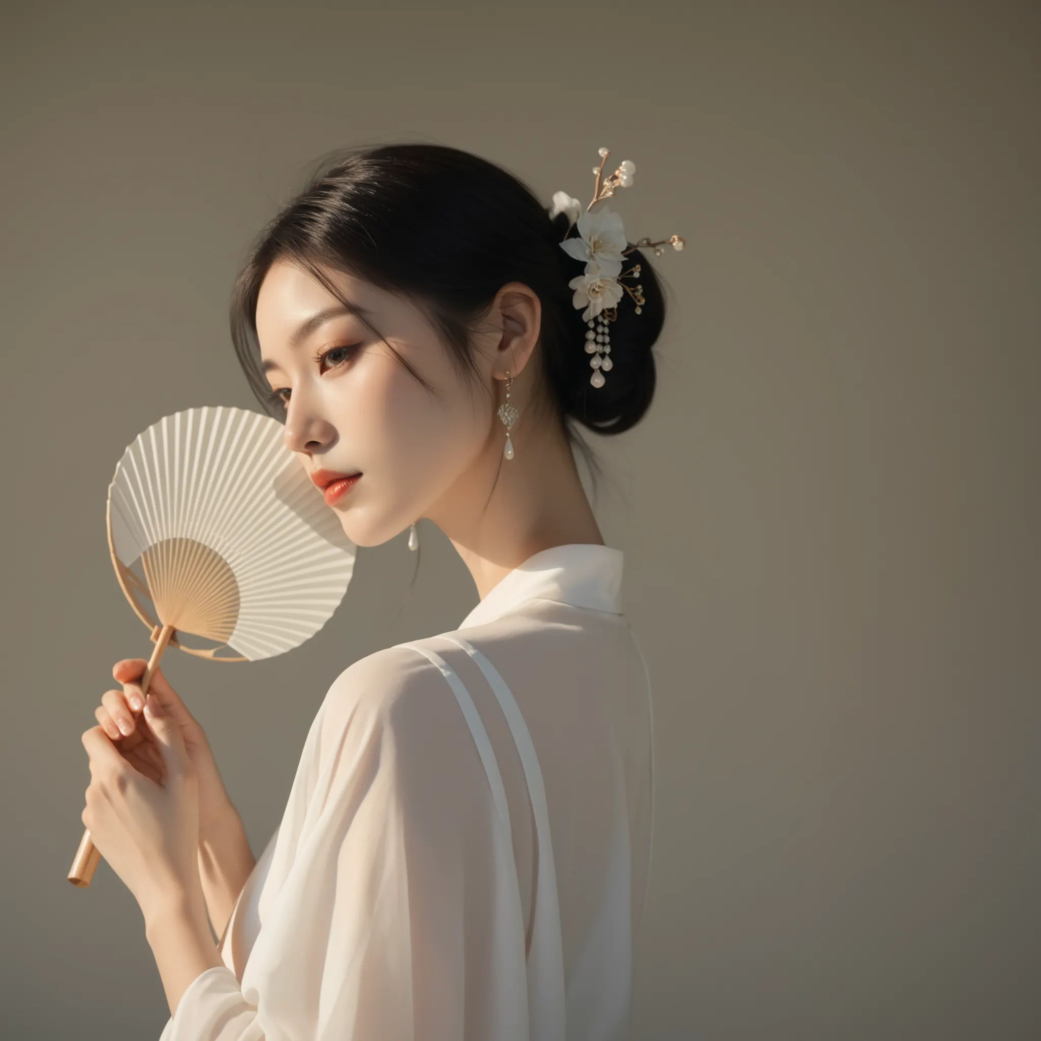 Beautiful Geisha holding a round shaped fan.