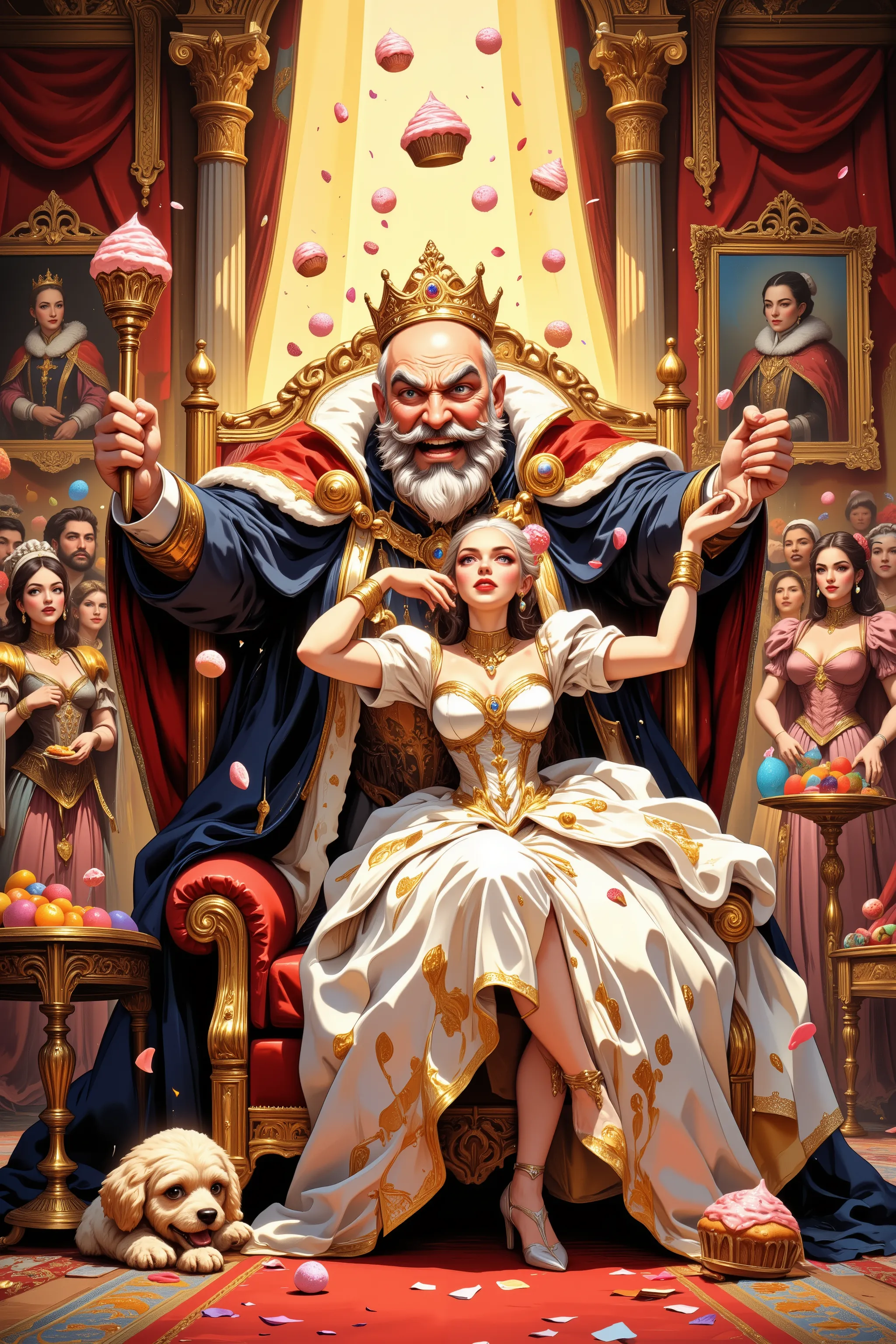 A dynamic semi-realistic illustration in the style of a glamorous fairy-tale comedy. An elderly but energetic king with a gray beard and a shiny bald head, adorned with a small but proud crown, dramatically bursts into the throne room, flinging open his ab...
