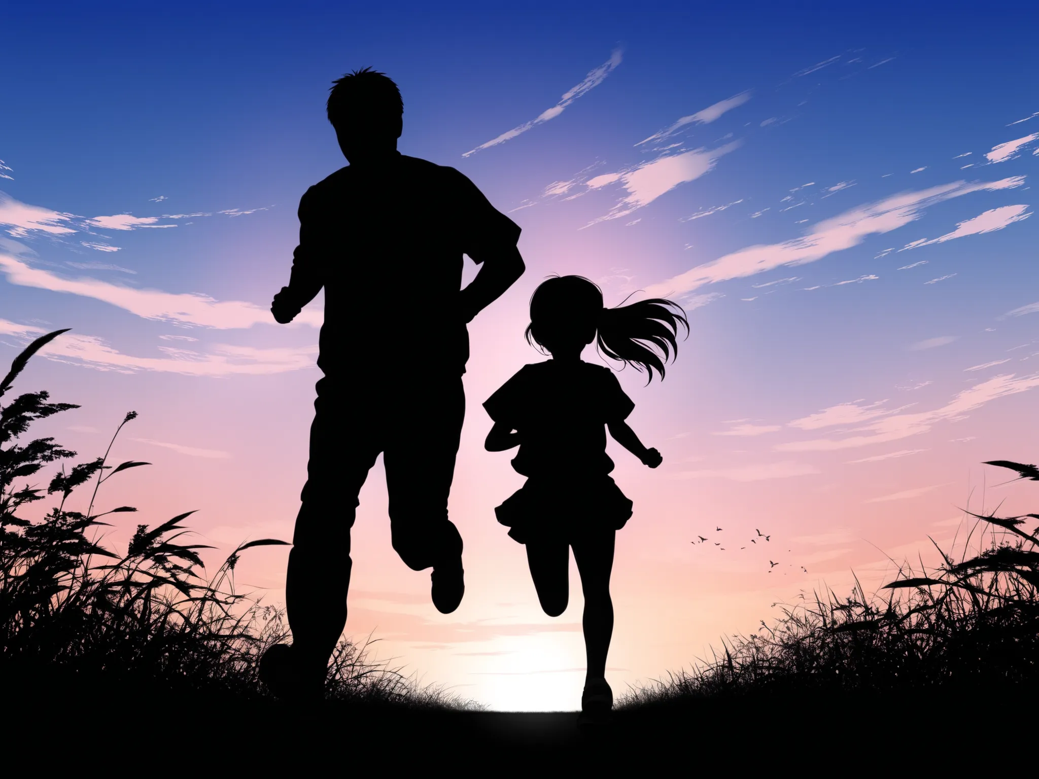 Silhouettes of father and daughter running。anime style。