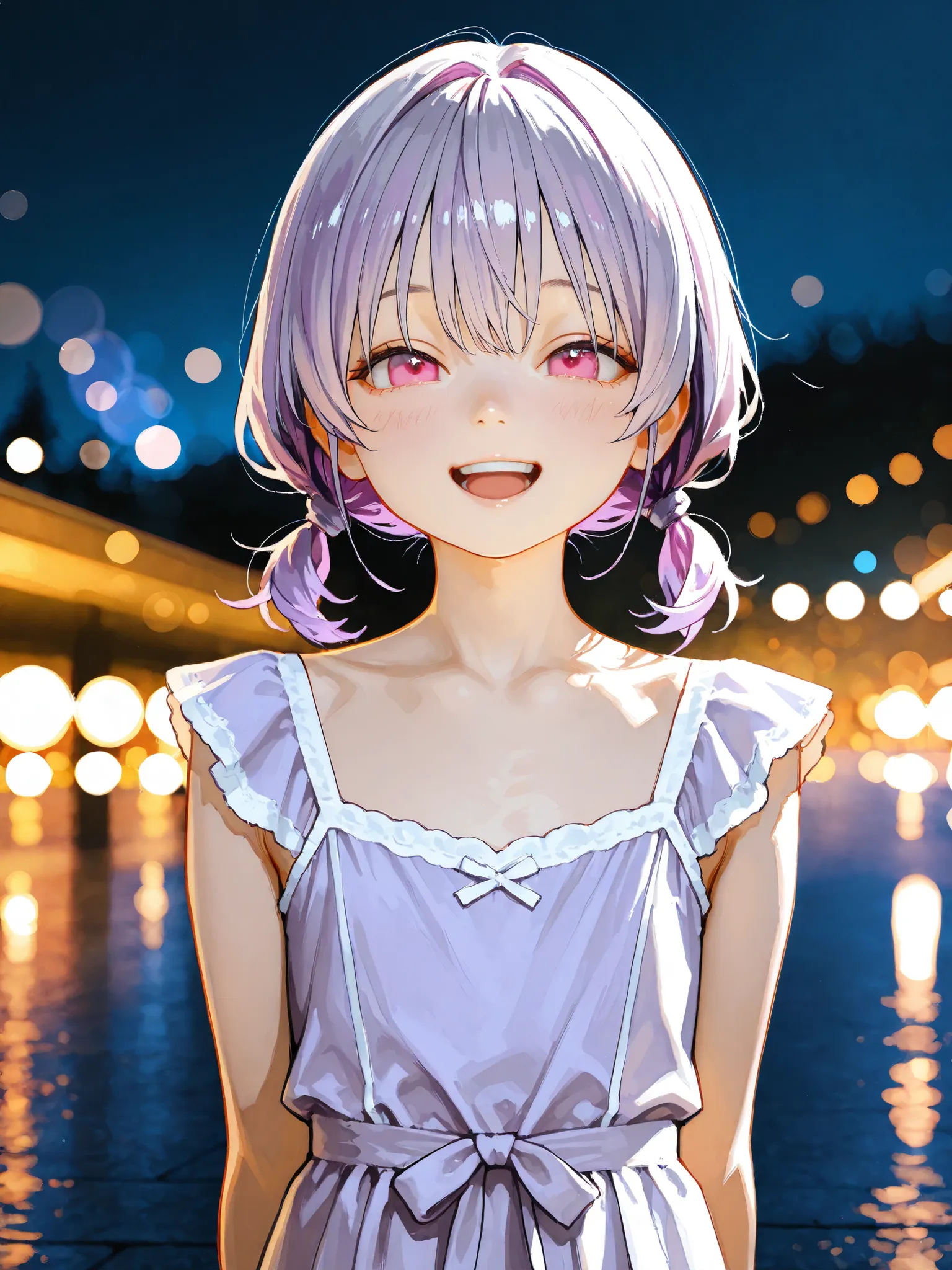 short girl, 1 girl,is young, flat chested,realisticな外観, big pink eyes, twin tails、Gradation color purple hair and gray hair、dress、I can see my chest、laugh at、Outdoors、 night view、細部にこだわったrealisticな影、movie stills, real、Highest Quality, realistic, 4K render...