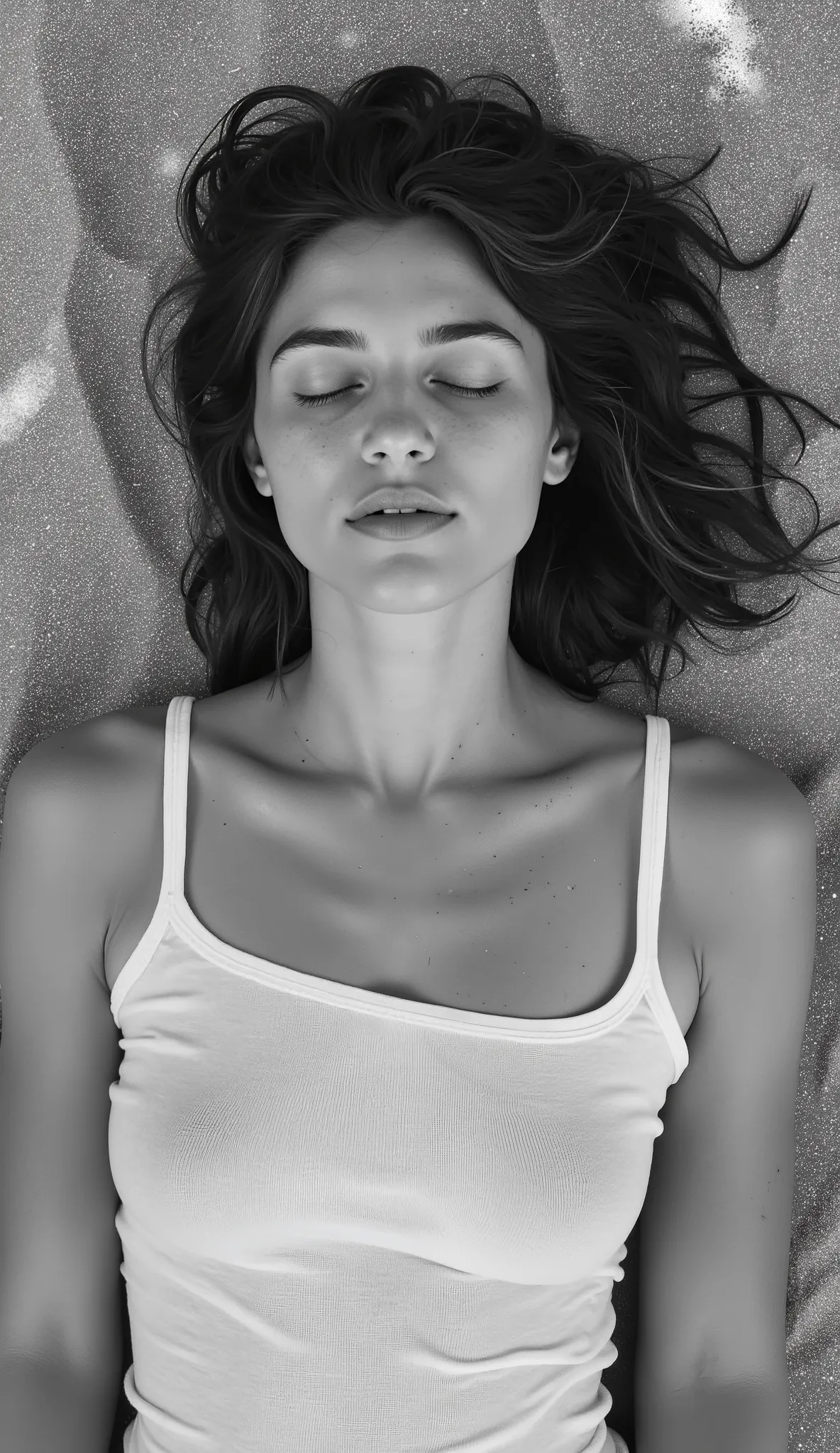 A young woman, light-skinned, in her 20s, lies on a sandy beach. Her expression is serene, eyes closed, and a peaceful, almost meditative mood pervades. She wears a simple white tank top that drapes loosely over her body, revealing her shoulders and uppe...