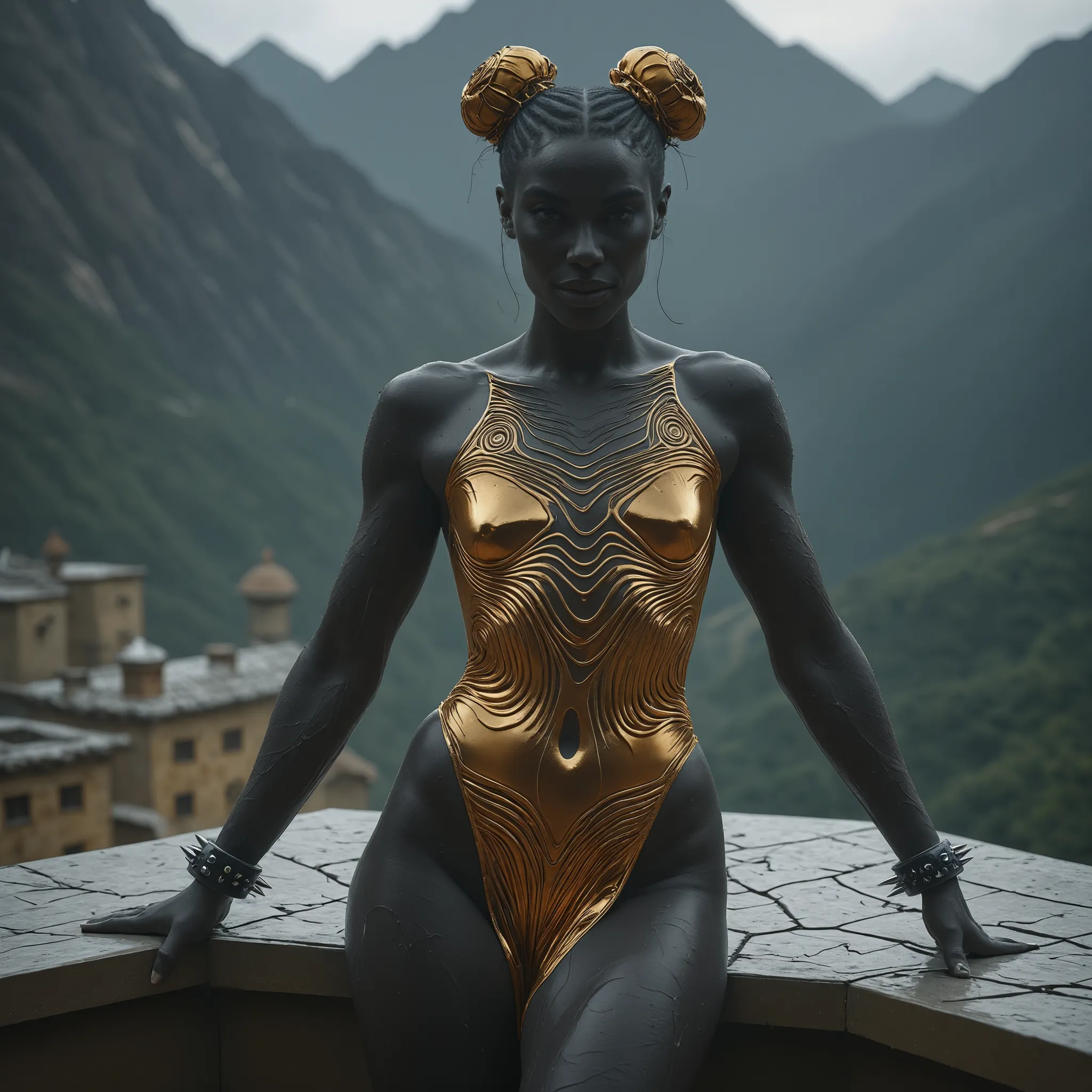 woman (beautiful face) Nigerian origin, BROWN EYES, SHORT HAIR, BROWN HAIR, WHITE DOUBLE BUN BUN HAIR COVER, BLACK SPIKED BRACELET, naughty face, provocative, Realistic-girl, real, perfect body. on the roof of a icy tower mountain. (dimensions and proporti...