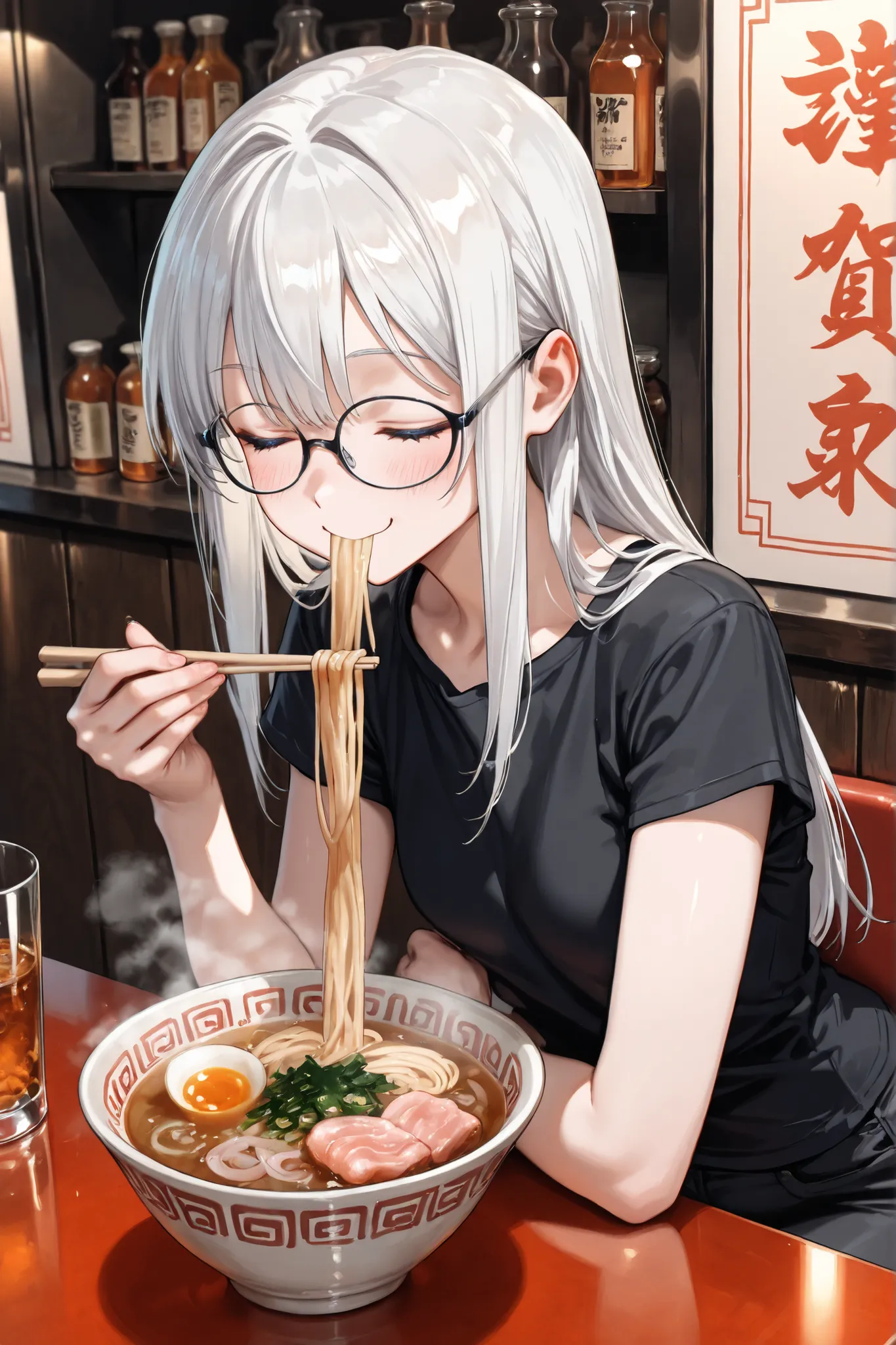 ((Masterpiece)),((best quality)),((incredibly absurdres))4((8K)),(semi realistic),
1 girl,solo,young female,aged up,kawaii,white hair,long hair,straight hair,blue eyes,small breasts,
(black eyewear) , short-sleeved shirt , black shirt , Plain shirt ,wide s...