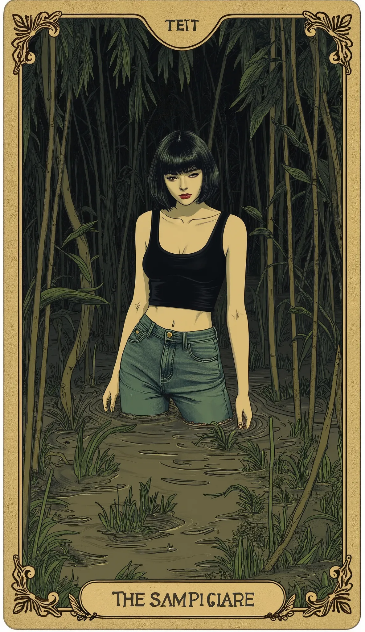 masterpiece, tarot aesthetics, tarot vintage linear aesthetics, stuck in a mud swamp, mature miracle, cropped top,high-waisted jeans, bob square, turns 
