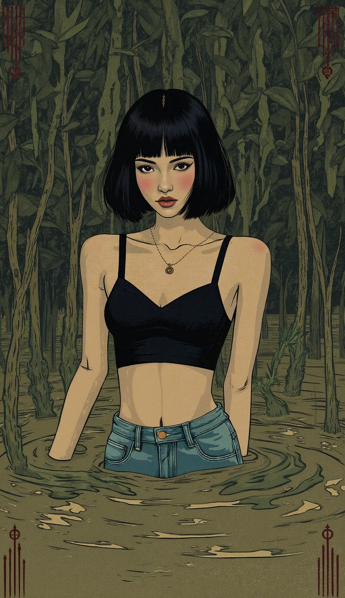 masterpiece, tarot aesthetics, tarot vintage linear aesthetics, stuck in a mud swamp, mature miracle, cropped top,high-waisted jeans, bob square, turns 