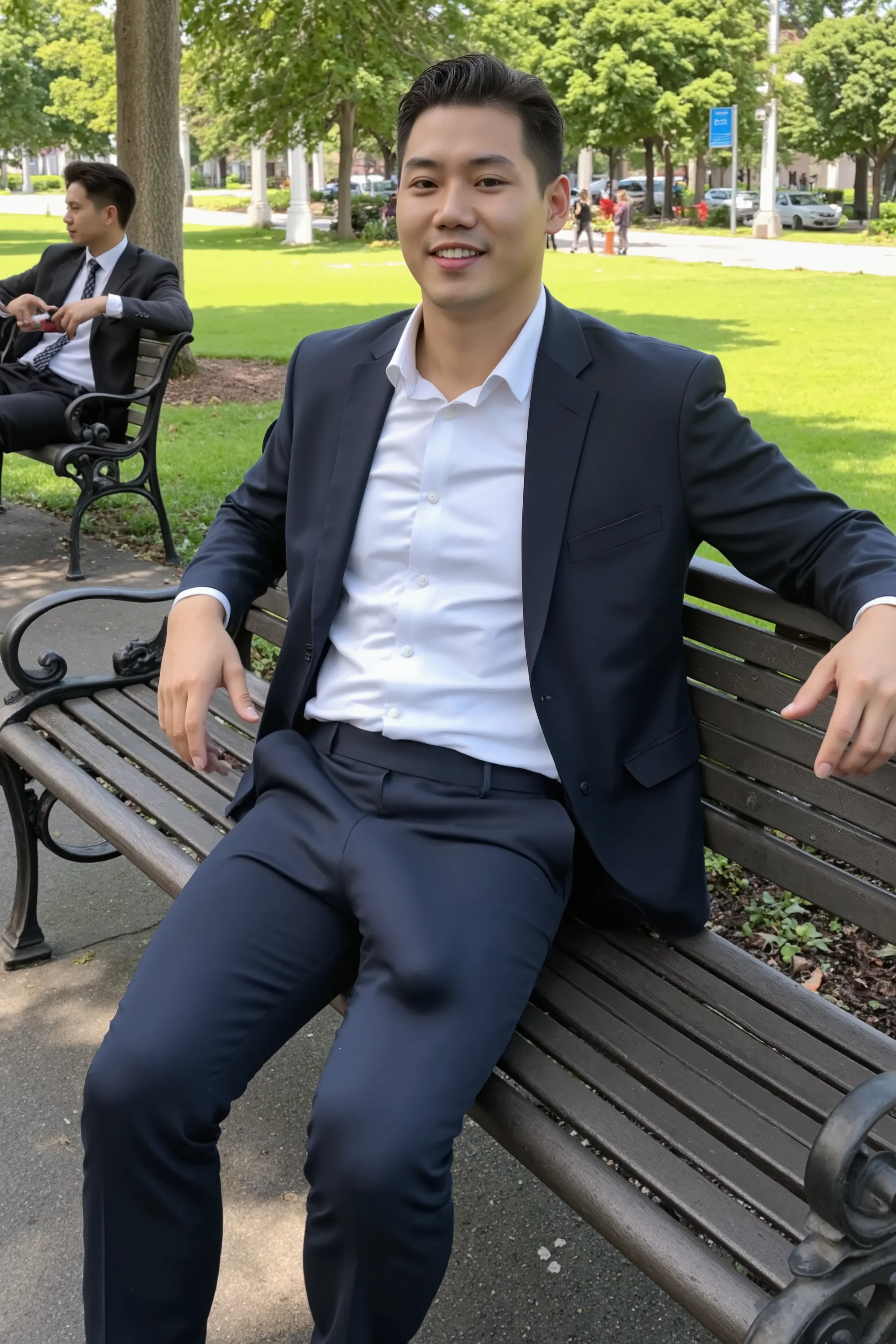 A highly photorealistic image of a stunningly handsome Asian man sitting confidently on a park bench under bright sunlight. He is wearing a perfectly tailored dark blue formal suit and a crisp white dress shirt, neat and fully buttoned. His legs are slight...