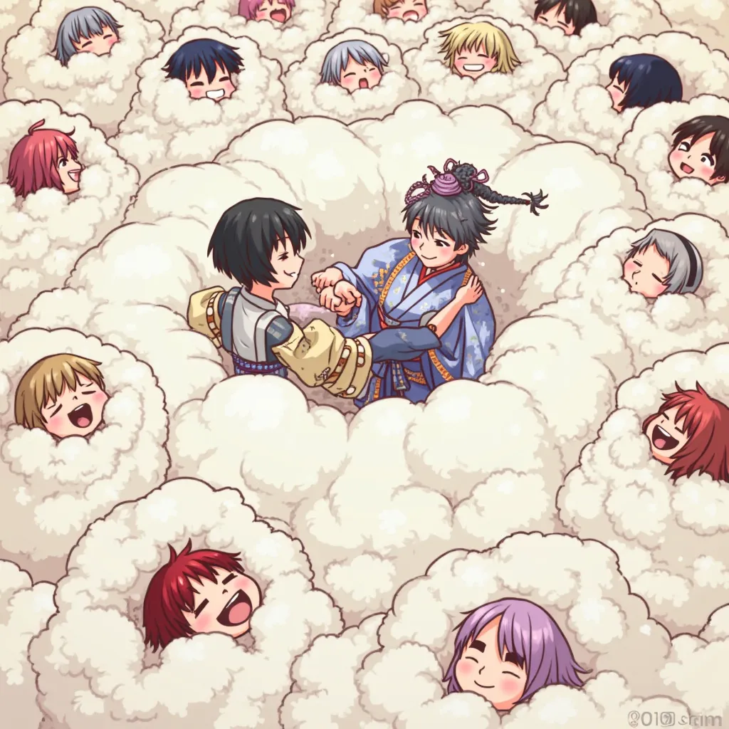 An anime-style illustration depicting many kabukigirls playfully wrestling with each other inside a oshiro comical fight cloud.
each kabukigirl has different colored hair and kimono.
their faces,hands,and feet are visible emerging from the cloud as they tussle humorously,  with the rest of their bodies completely hidden inside the cloud.
the illustration emphasizes the humorous and energetic nature of their scuffle,with a fluffy  and exaggerated fight cloud.
