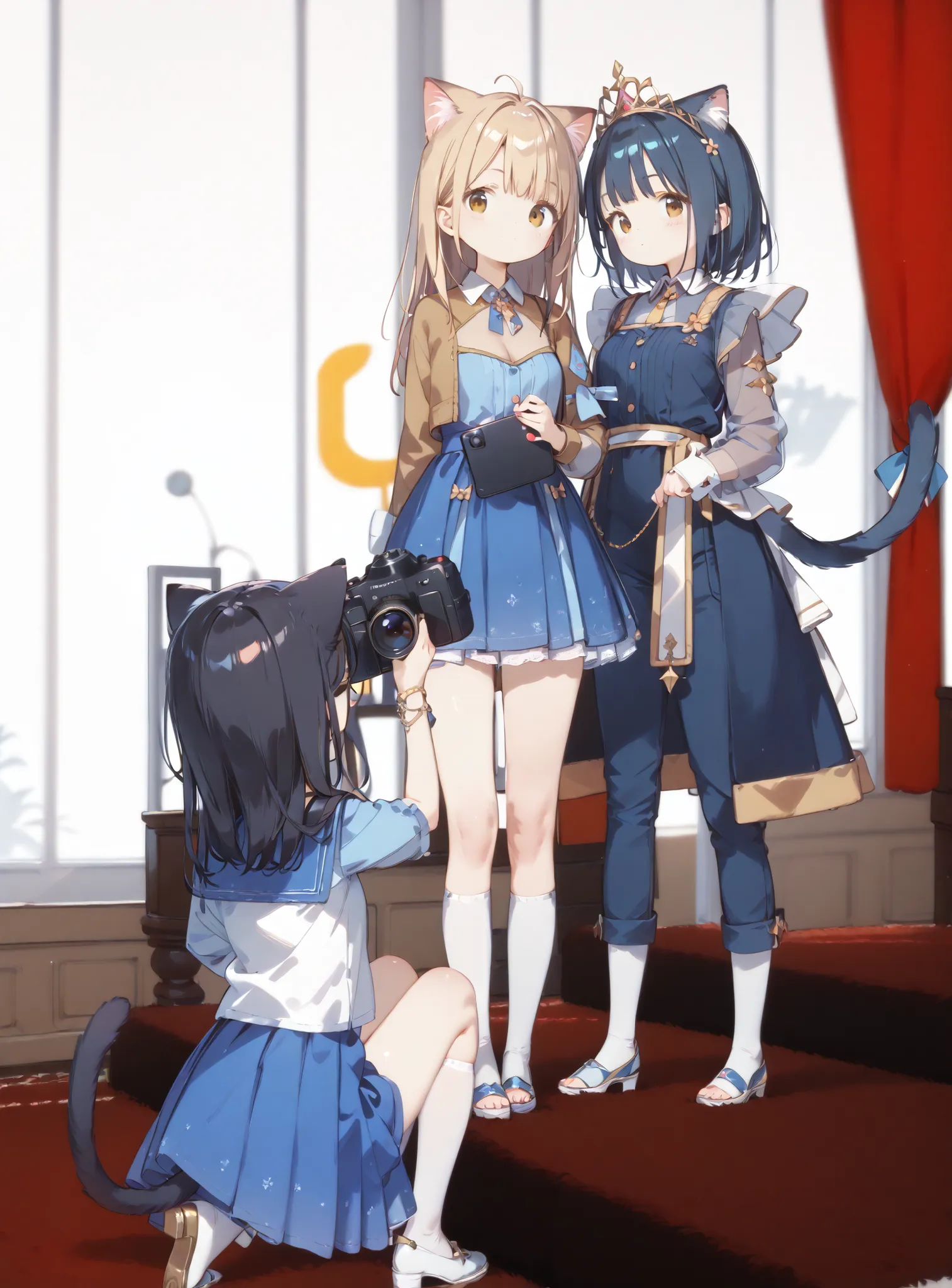 high image quality、high quality、8k、4k、Young girl、Juvenile body、 immature body、Cat ears、 cat tail、 lori、 lori体形、 audience room、photograph風景、video camera、photograph、prince、princess、video cameraでphotographする女子高生