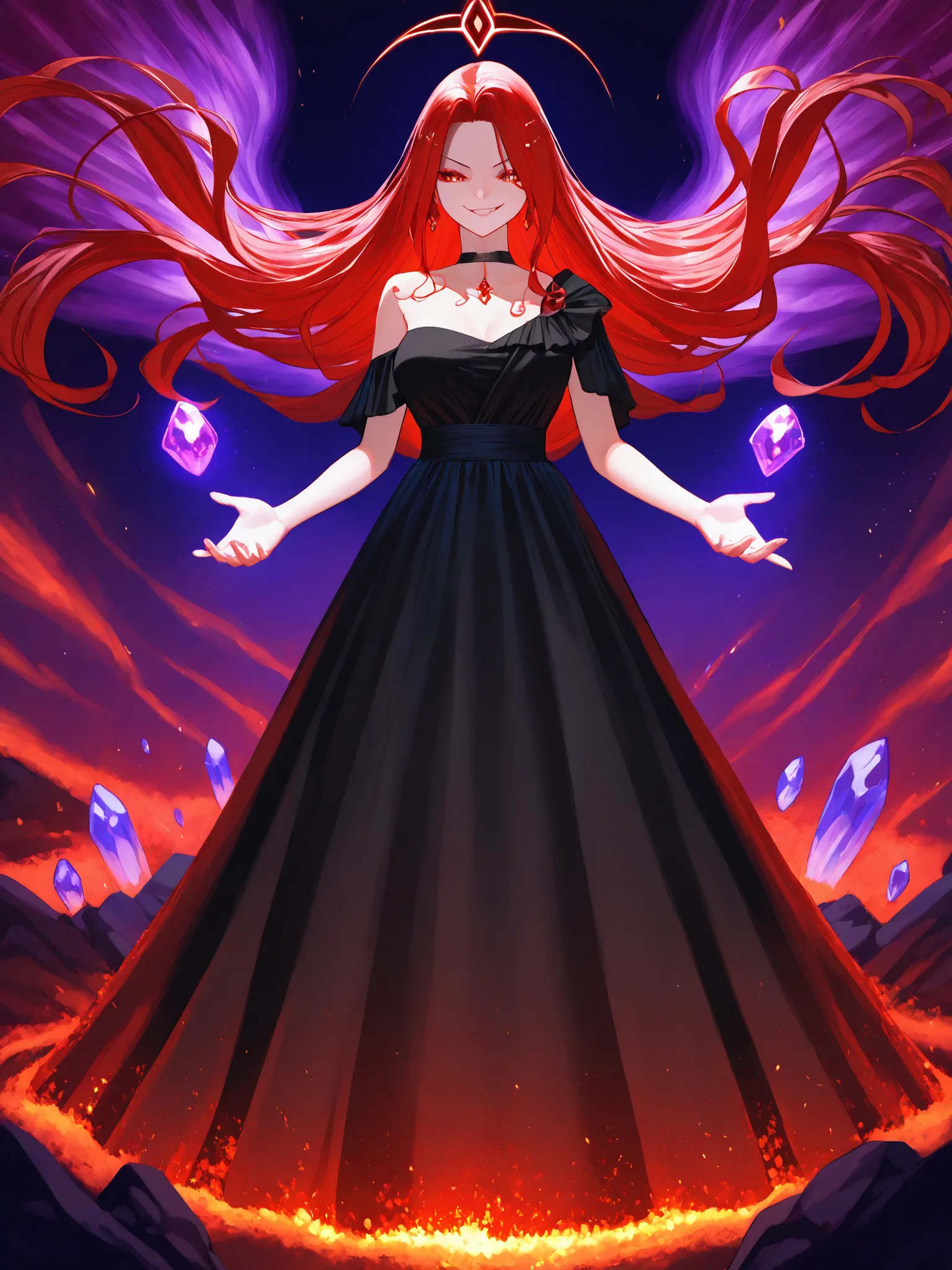 A charismatic, dangerous-looking goddess with long crimson hair and golden, catlike eyes. She wears a one-shoulder black dress that fades into red embers at the bottom. She stands in a cosmic, magical void surrounded by floating purple crystals and swirlin...