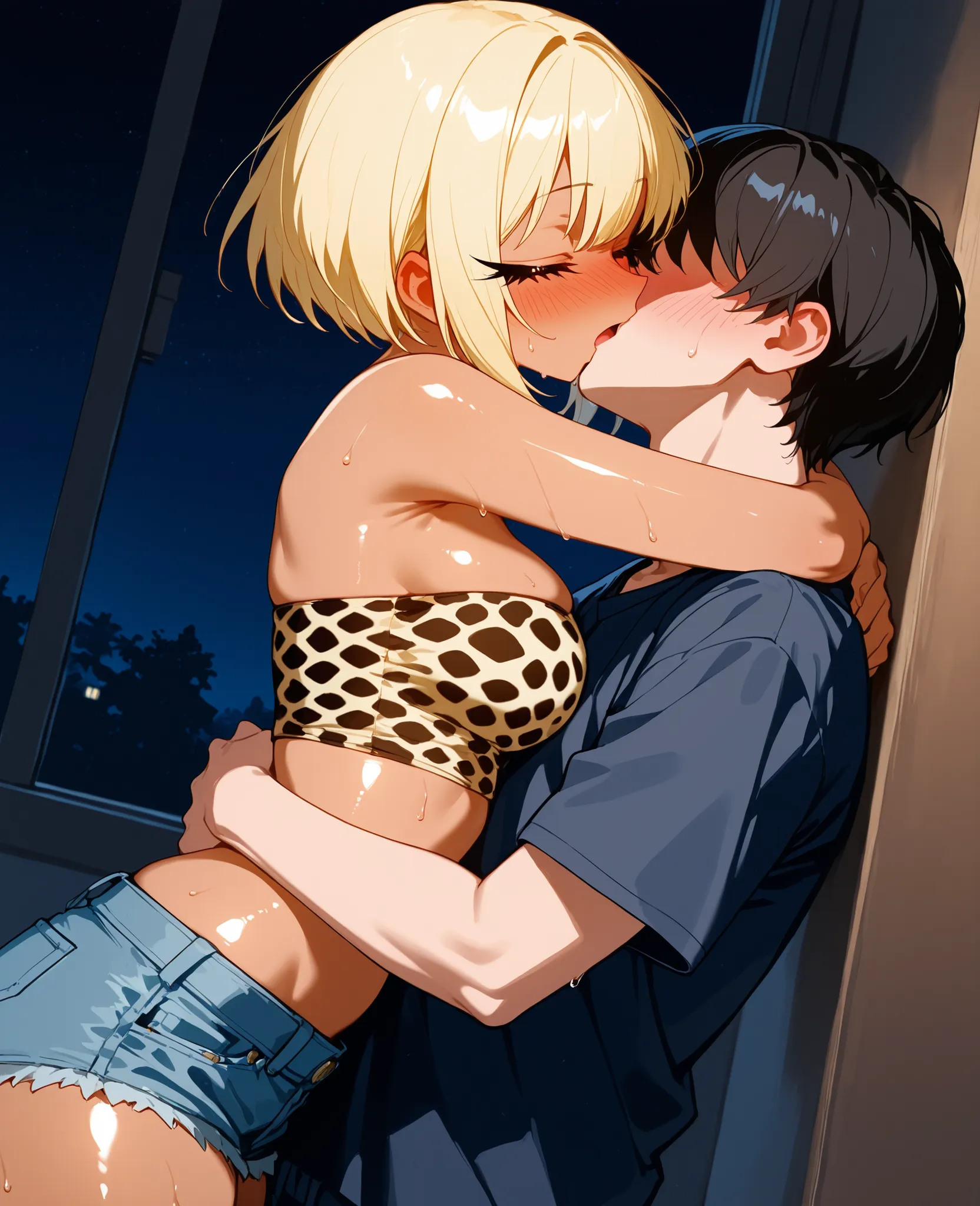 score_9, score_8_up, score_7_up, 1woman, solo, hair, closed eyes, white milky porcelain skin, white-skinned female, big eyelashes, short blonde hair in a bob, lovely medium breasts, perfect body, cheetah print tube top, denim short shorts, sweat, female or...