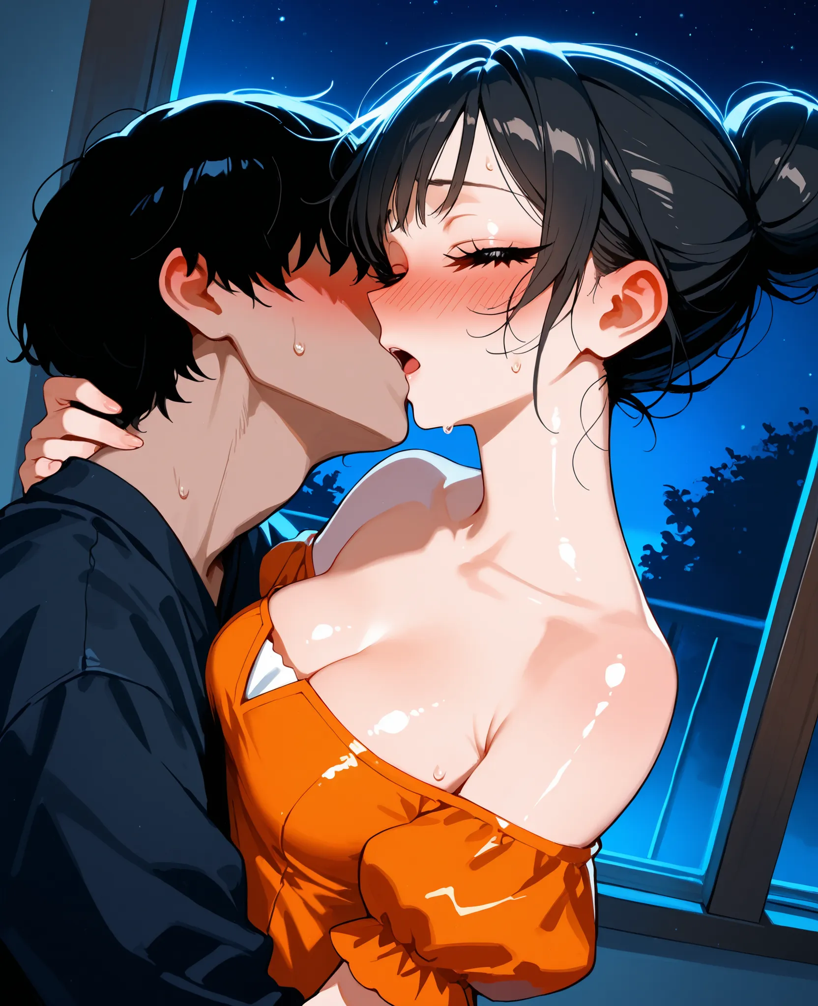 score_9, score_8_up, score_7_up, 1woman, solo, hair, closed eyes, white milky porcelain skin, white-skinned female, big eyelashes, black hair in a bun, lovely medium breasts, perfect body, orange maxi dress with puffy sleeves and a square neckline, messy c...