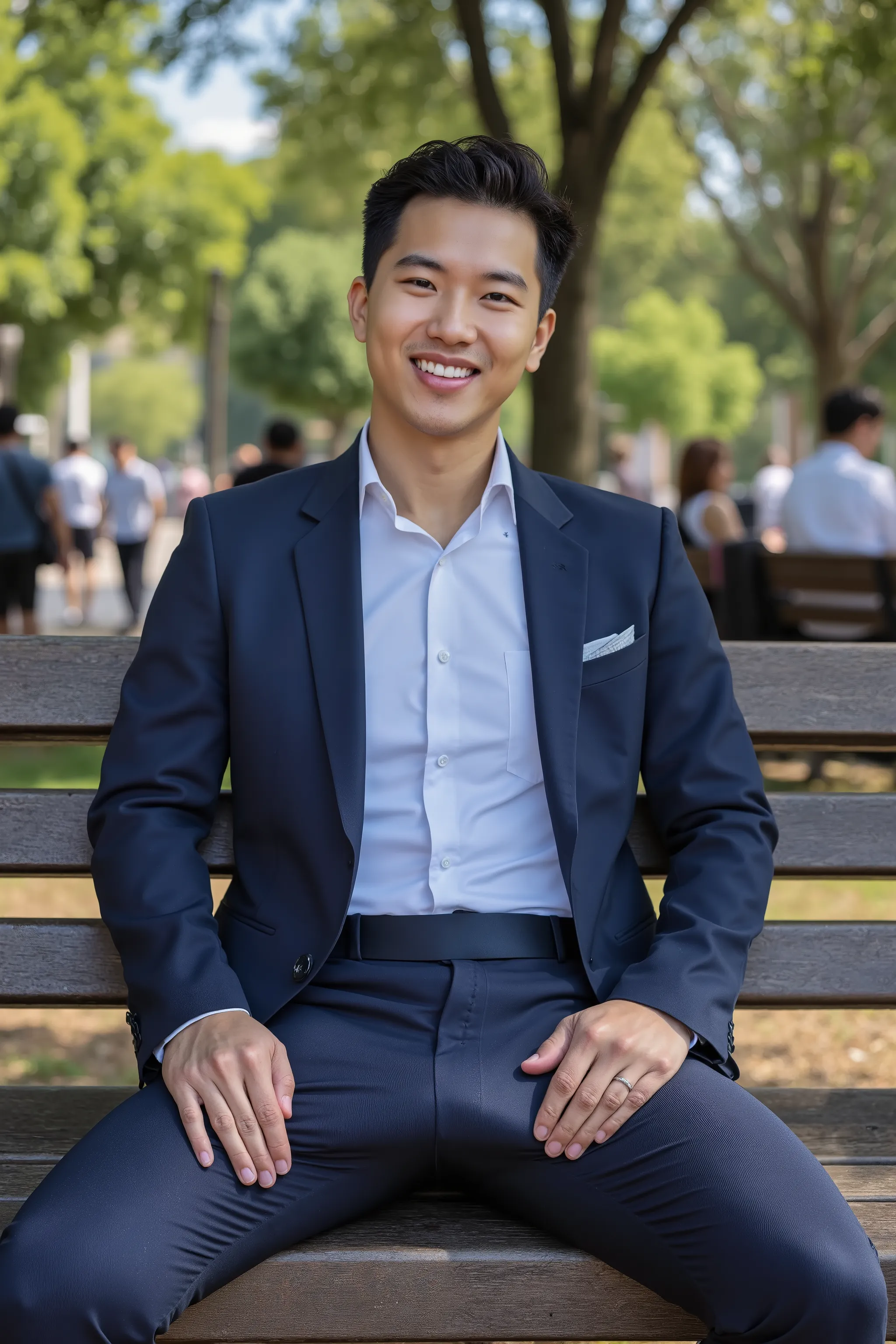 A highly photorealistic image of a stunningly handsome Asian man sitting confidently on a park bench under bright sunlight. He is wearing a perfectly tailored dark blue formal suit and a crisp white dress shirt, neat and fully buttoned. His legs are slight...