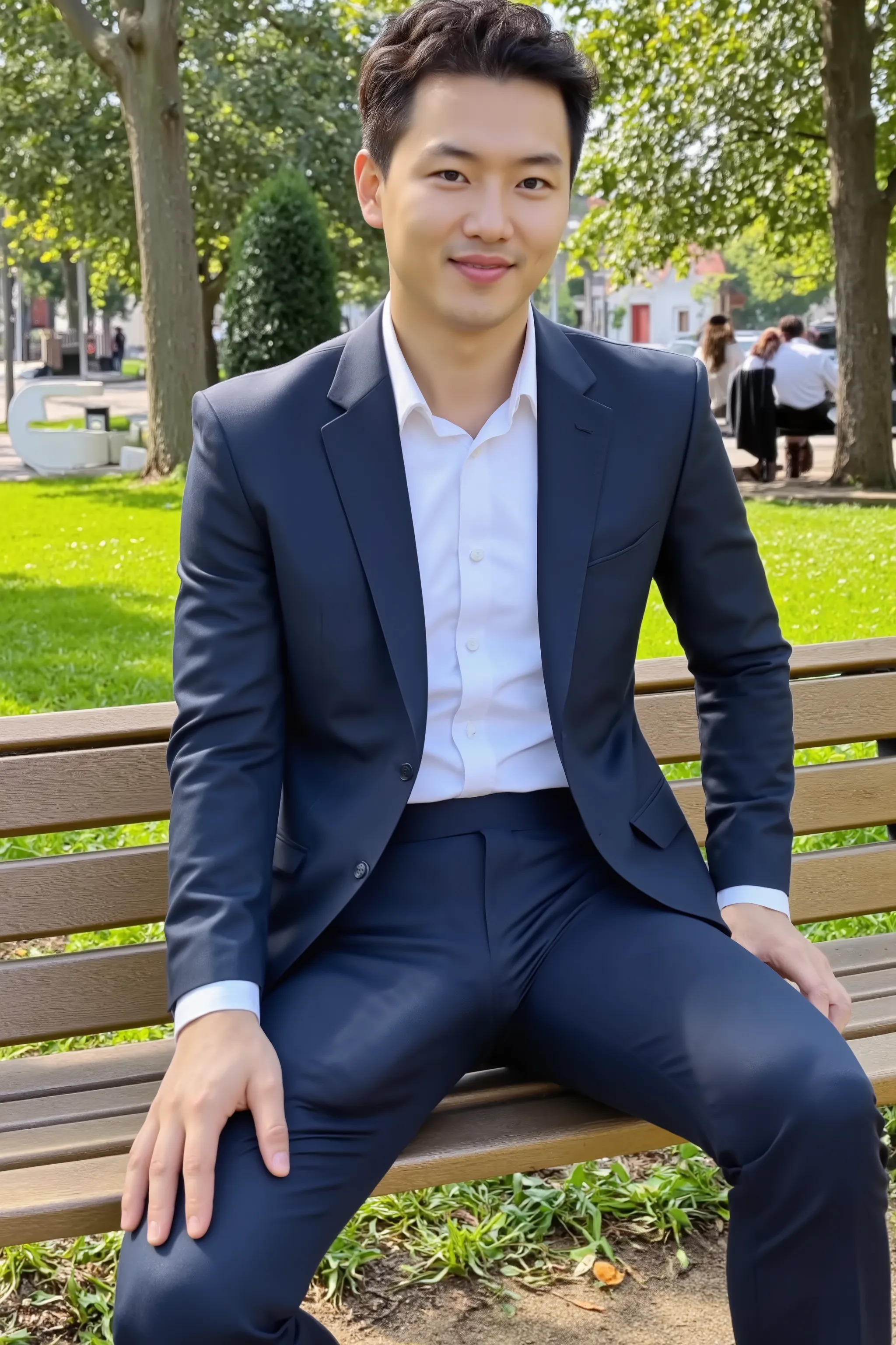 A highly photorealistic image of a stunningly handsome Asian man sitting confidently on a park bench under bright sunlight. He is wearing a perfectly tailored dark blue formal suit and a crisp white dress shirt, neat and fully buttoned. His legs are slight...