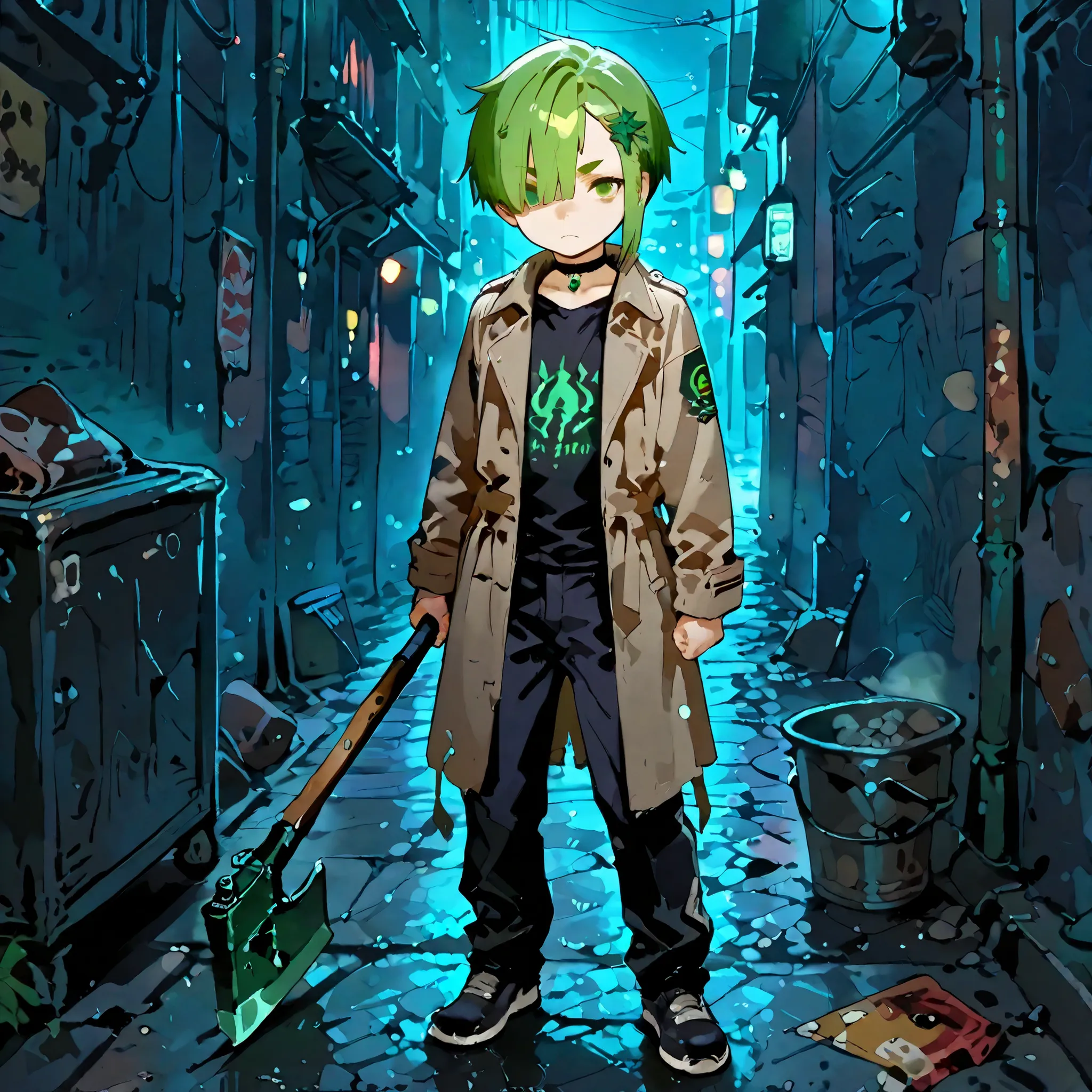 (boy), green ivy hair ornament, green eyes, short cut,  side part , stupid hair, Hair on one eye, fine eyebrows,  young, no expression, alone, short, Shota, solo, trench coat,  slim, pants, choker, cyberpunk, outside, In the back alley, At night, combat ha...