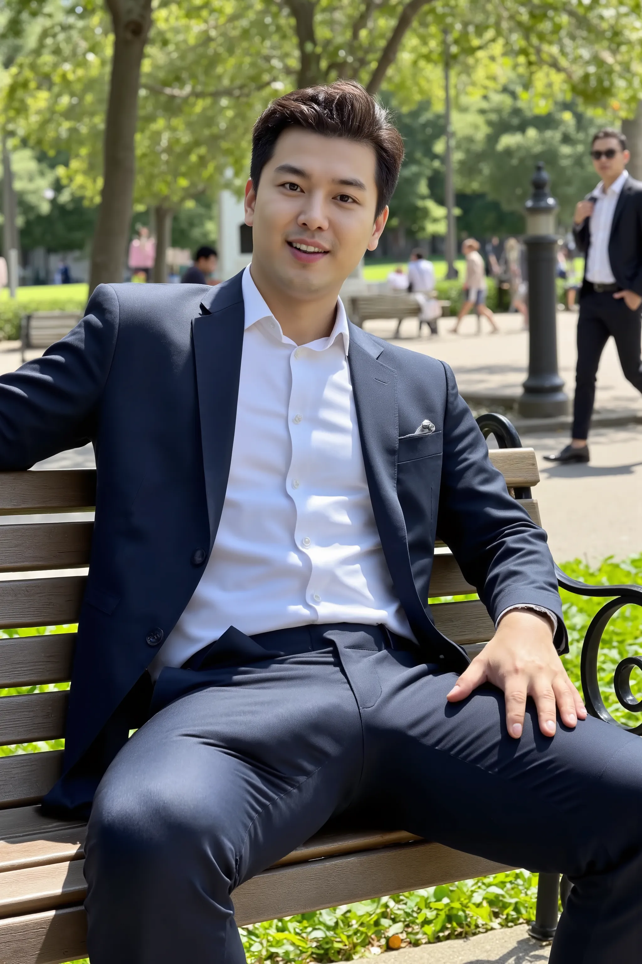 A highly photorealistic image of a stunningly handsome Asian man sitting confidently on a park bench under bright sunlight. He is wearing a perfectly tailored dark blue formal suit and a crisp white dress shirt, neat and fully buttoned. His legs are slight...