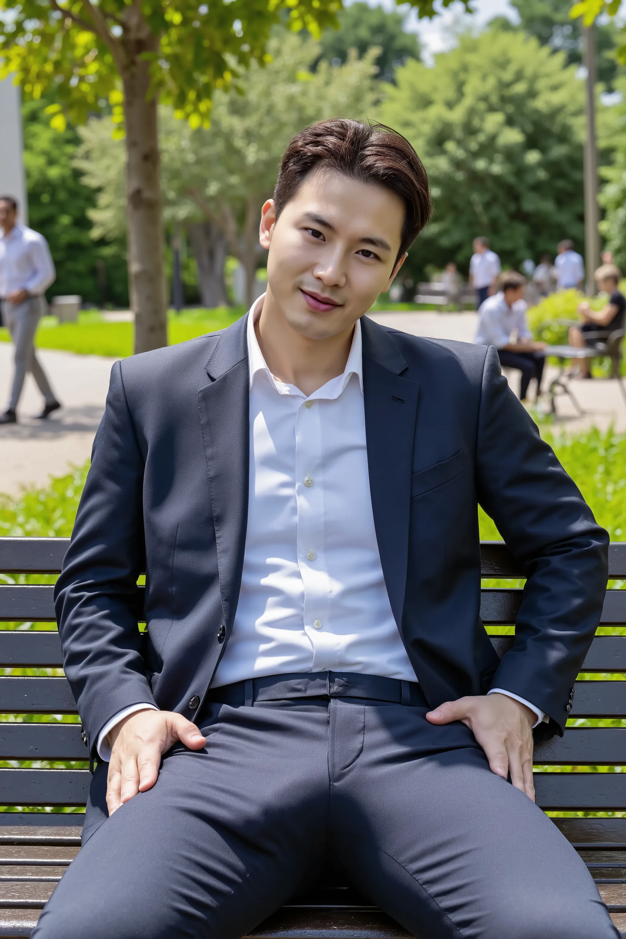 A highly photorealistic image of a stunningly handsome Asian man sitting confidently on a park bench under bright sunlight. He is wearing a perfectly tailored dark blue formal suit and a crisp white dress shirt, neat and fully buttoned. His legs are slight...