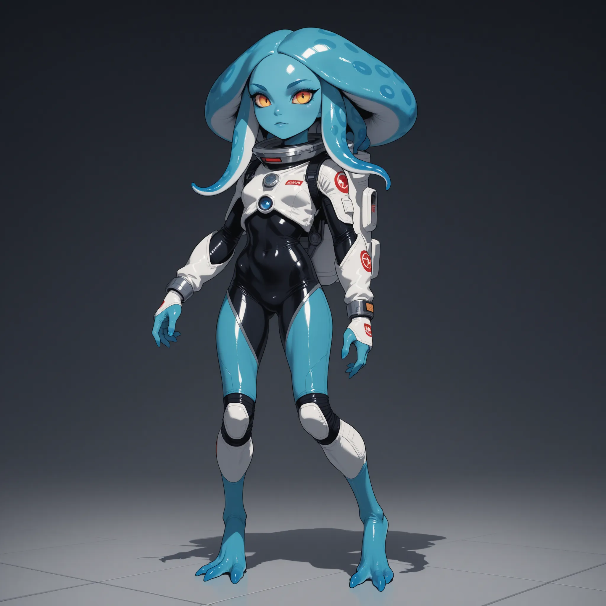Full body alien woman with blue skin, big head, no ears, tentacle hair, recurved legs, in spandex spacesuit, spaceship laboratory