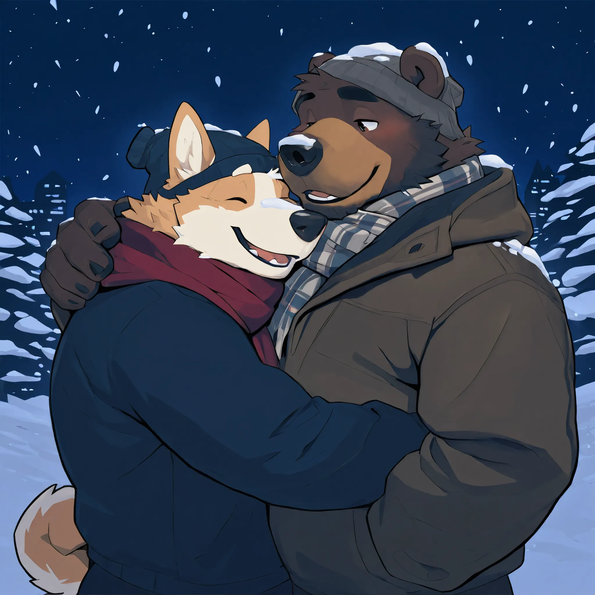 mammal, canid, canine, duo, canis, anthro, bear, male, clothing, snow, domestic dog, outside, brown body, topwear, hug, snowing, scarf, black nose, humanoid hands, night, brown fur, overweight, welsh corgi, fur, hat, overweight male, headwear, headgear, ma...