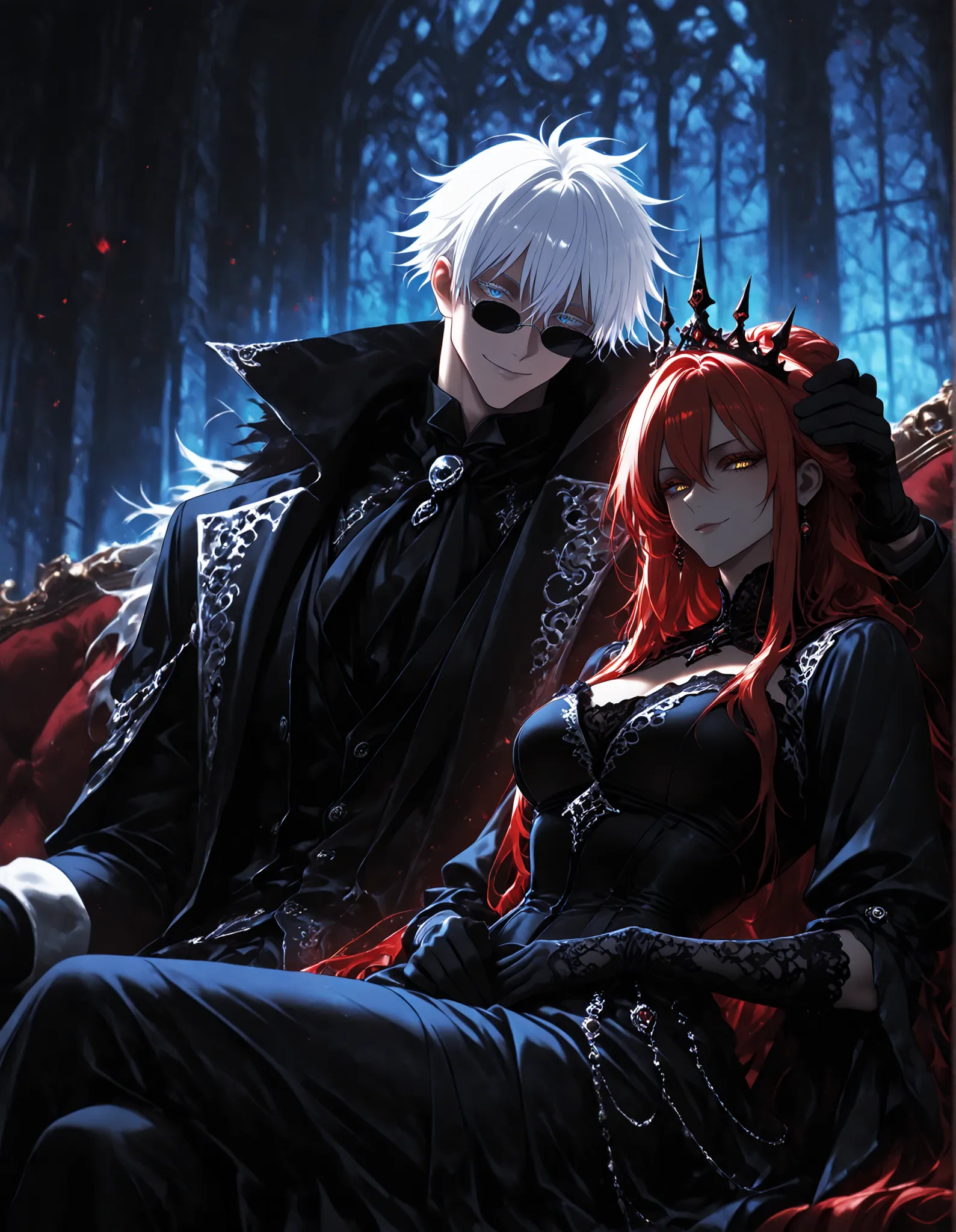2 people, BREAK 1 man, adult, male focus, gojou satoru, jujutsu kaisen, white hair, short hair, ((hair between eyes)), colored eyelashes, white eyelashes, blue eyes, intricate eye iris, detailed eyes, sharp eyes, muscular male, sexy man, handsome man, hand...