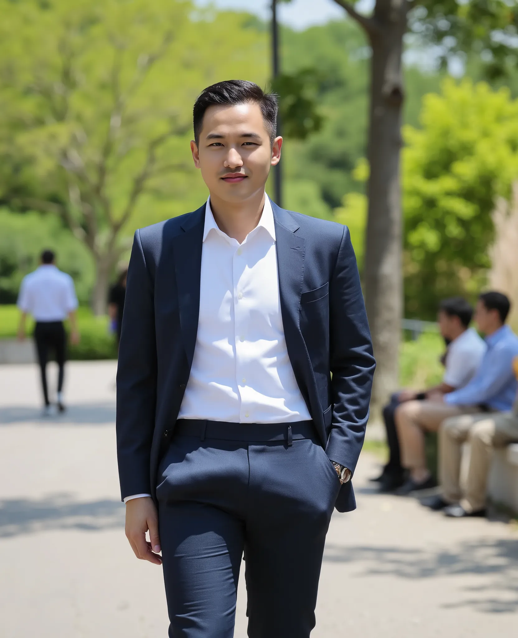 A highly photorealistic image of a stunningly handsome Asian man walking confidently in the park under bright sunlight. He is wearing a perfectly tailored dark blue formal suit and a crisp white dress shirt, neat and fully buttoned. His legs are slightly s...