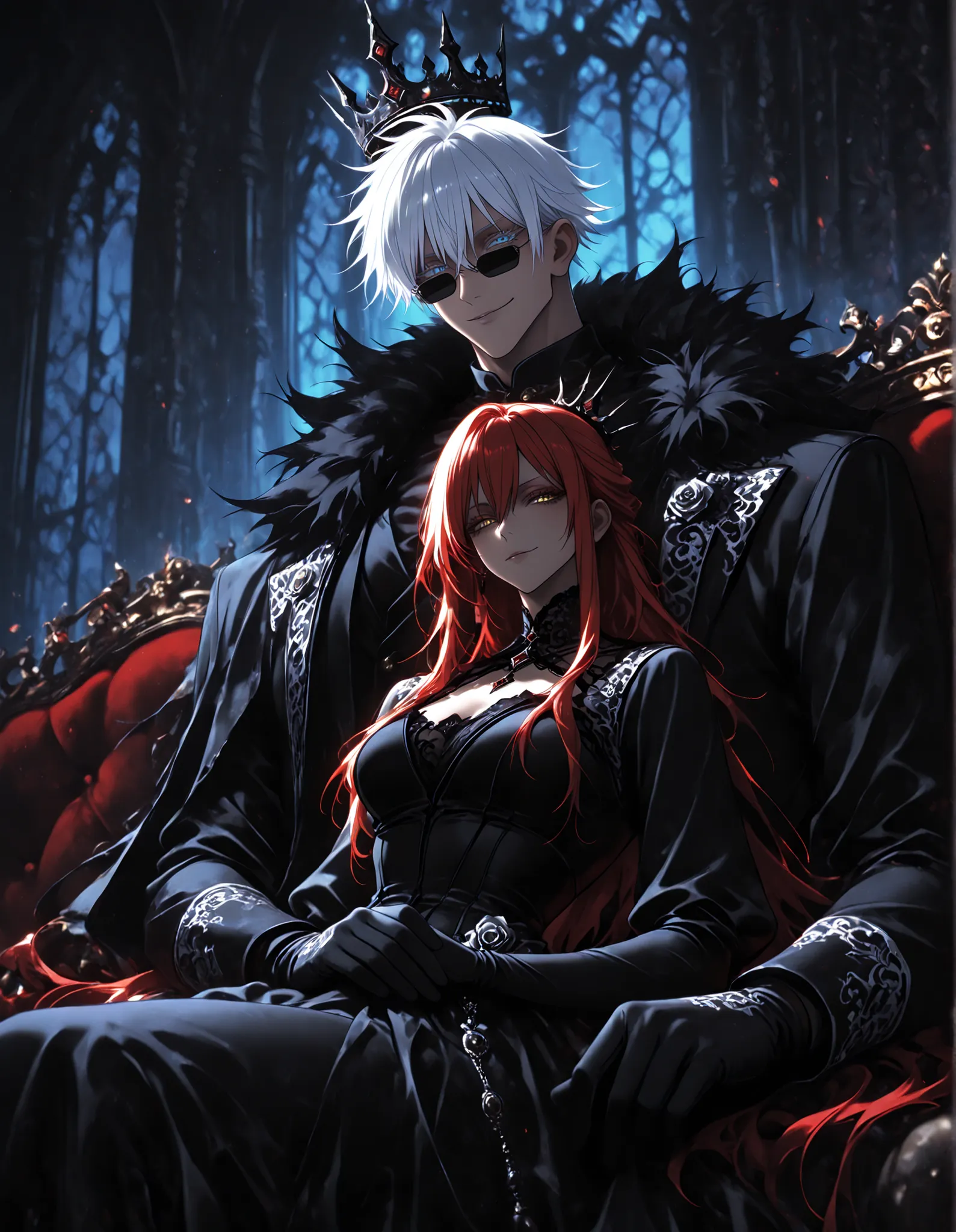 2 people, BREAK 1 man, adult, male focus, gojou satoru, jujutsu kaisen, white hair, short hair, ((hair between eyes)), colored eyelashes, white eyelashes, blue eyes, intricate eye iris, detailed eyes, sharp eyes, muscular male, sexy man, handsome man, hand...