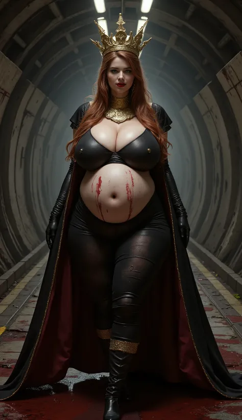 very dark and chaotic world,  dark, dirty, A subway station with blood and rust like Silent Hill(darkness:6.5, darkness:4.5), beautiful reddish brown hair in Scandinavian style, A huge crown of gold, walking towards camera, Queen妊婦 , Black Tight and Sexy H...