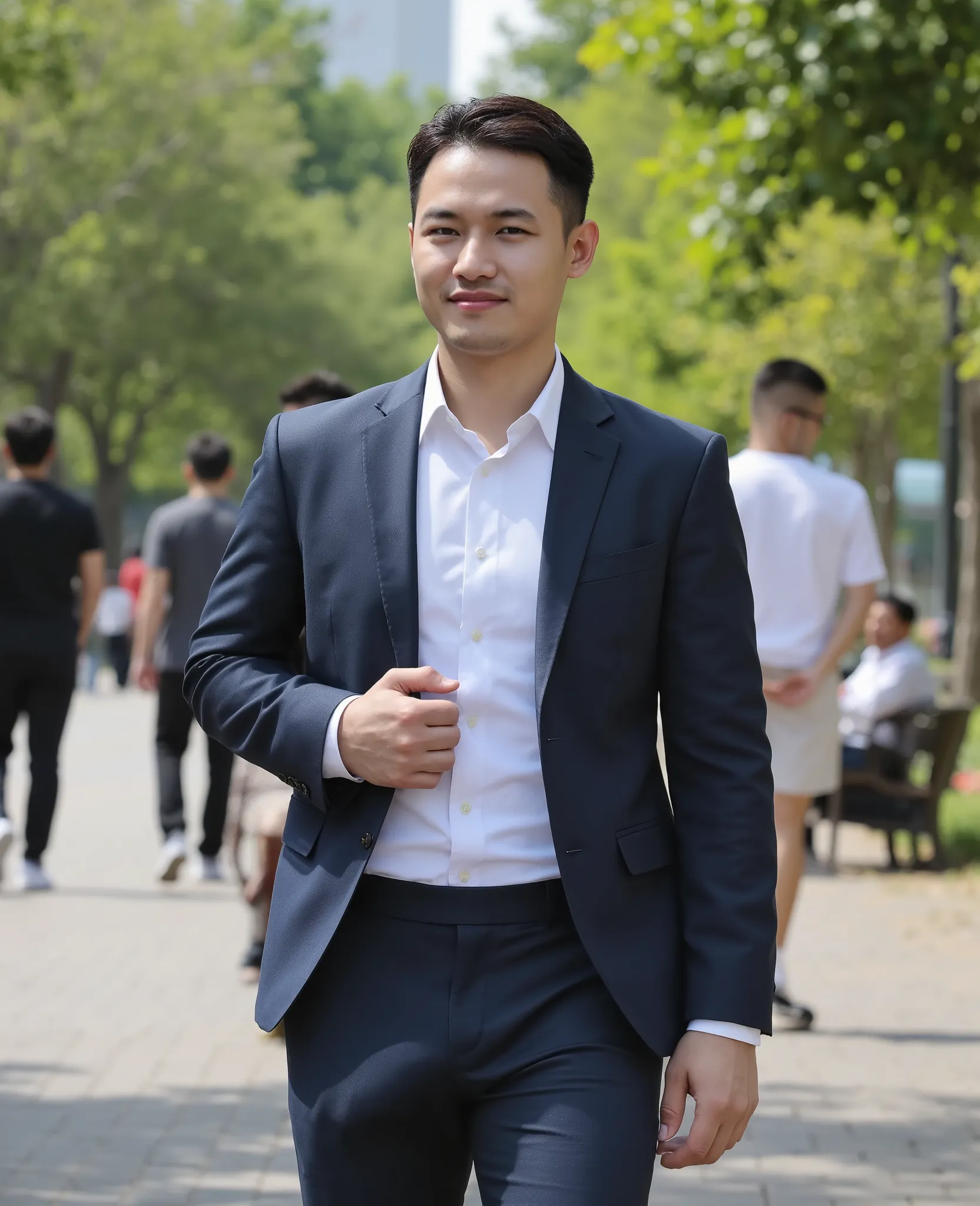 A highly photorealistic image of a stunningly handsome Asian man walking confidently in the park under bright sunlight. He is wearing a perfectly tailored dark blue formal suit and a crisp white dress shirt, neat and fully buttoned. His legs are slightly s...