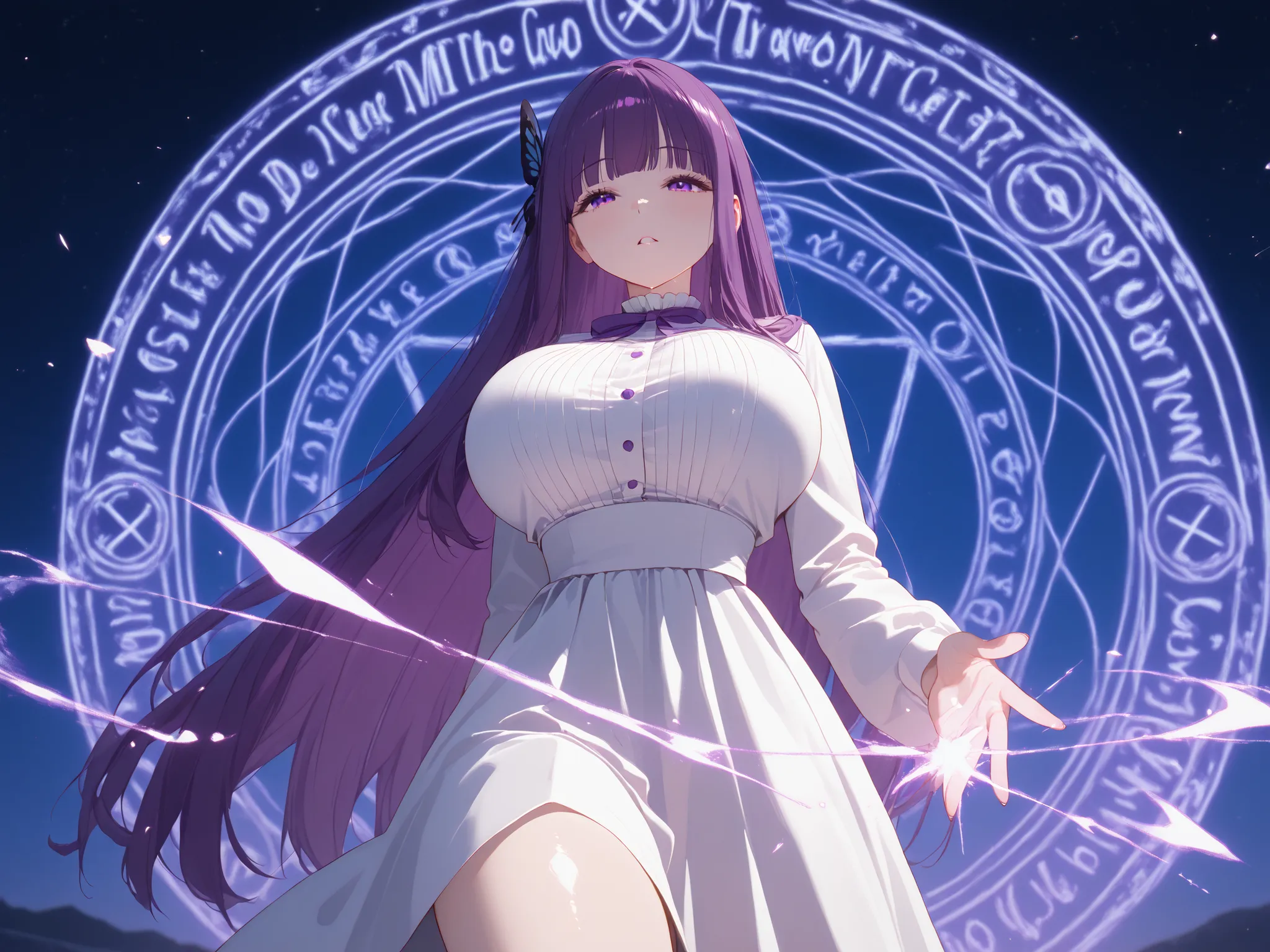 fern、purple long hair、Big Breasts、 long breasts、 Slim waist、thick thigh、white dress、butterfly hair ornament、long lashes、Downcast eyes、no expression、Magic Circle Effect、letter effect 、Night Sky、