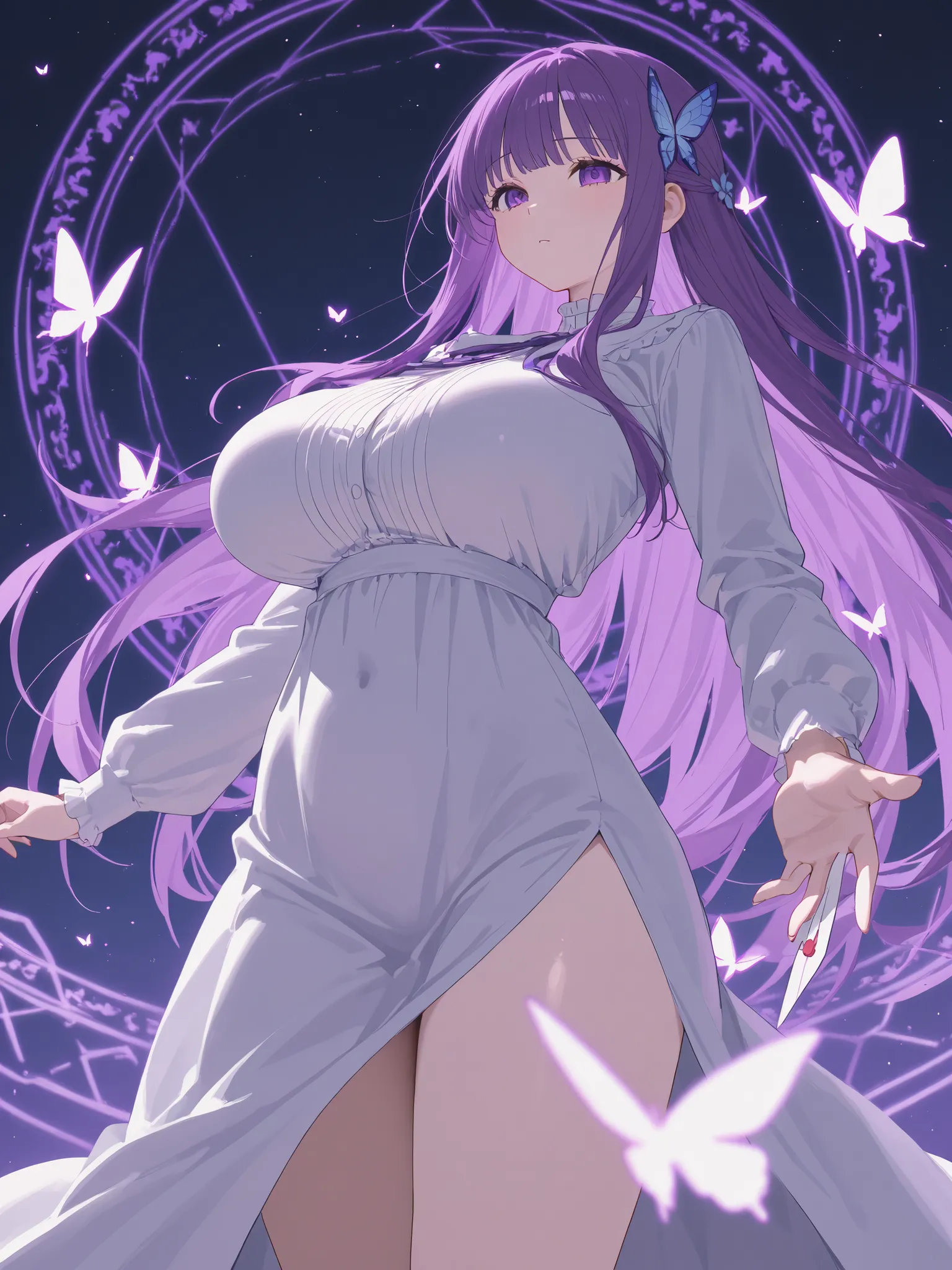 fern、purple long hair、Big Breasts、 long breasts、 Slim waist、thick thigh、white dress、butterfly hair ornament、long lashes、Downcast eyes、no expression、Magic Circle Effect、letter effect 、Night Sky、