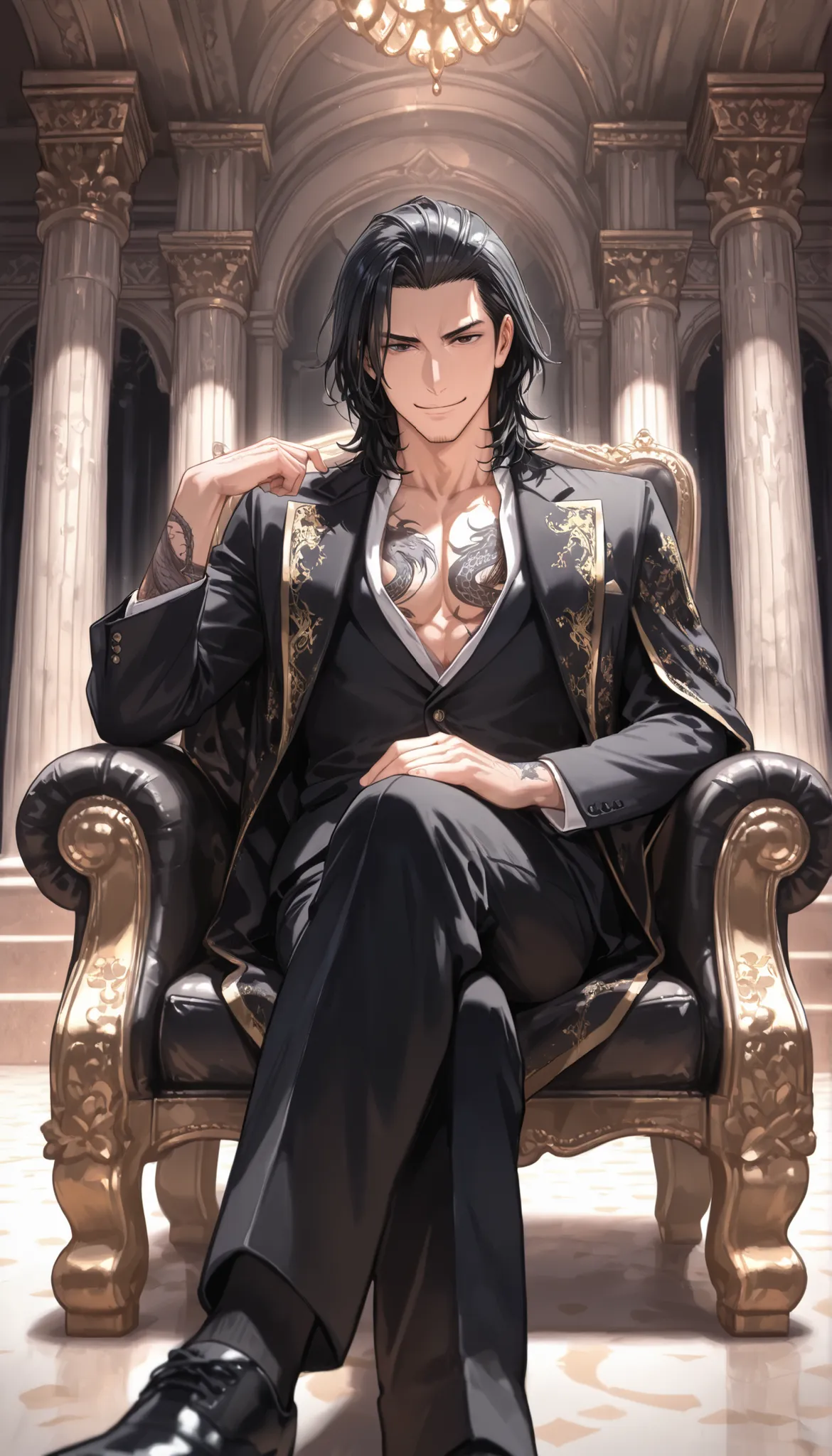 background, palace, pillar, indoor, yakuza boy, black hair, medium hair, black royal clothes, black pants, chest, handsome, dragon tattoo, smile, sitting on luxury black chair, looking at viewer