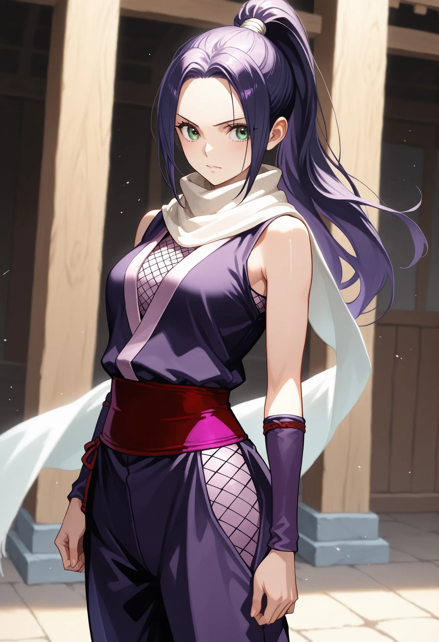 solo, 1girl, nefertari-vivi, long hair, dark purple hair, green eyes, ponytail, kunoichi, purple kunoichi suit, sleeveless, pants, white scarf, coboy shot, dutch angle