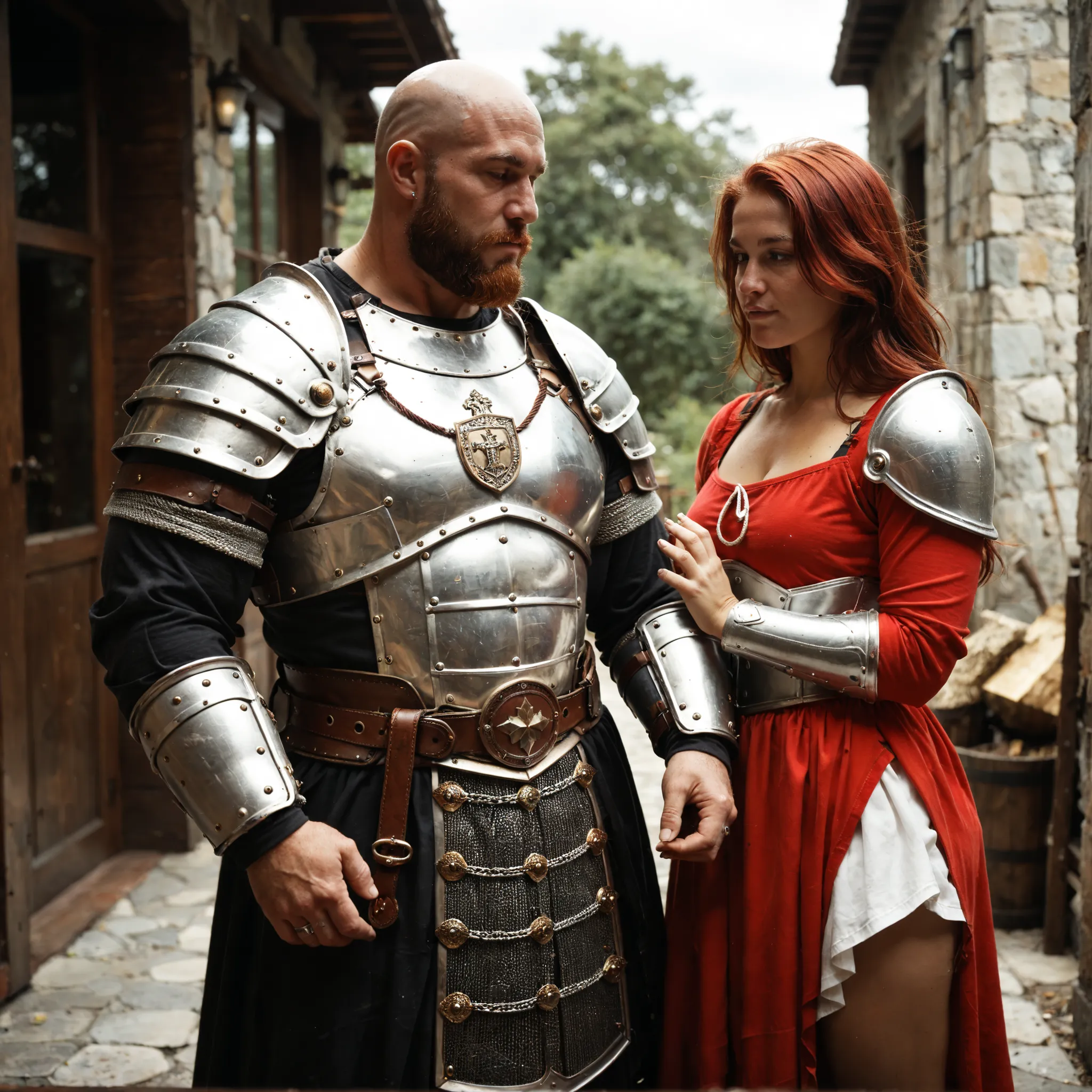 There are two people, a bald man with a tall, muscular beard and a thin, short woman without a beard, Long red hair, both wear full armor,