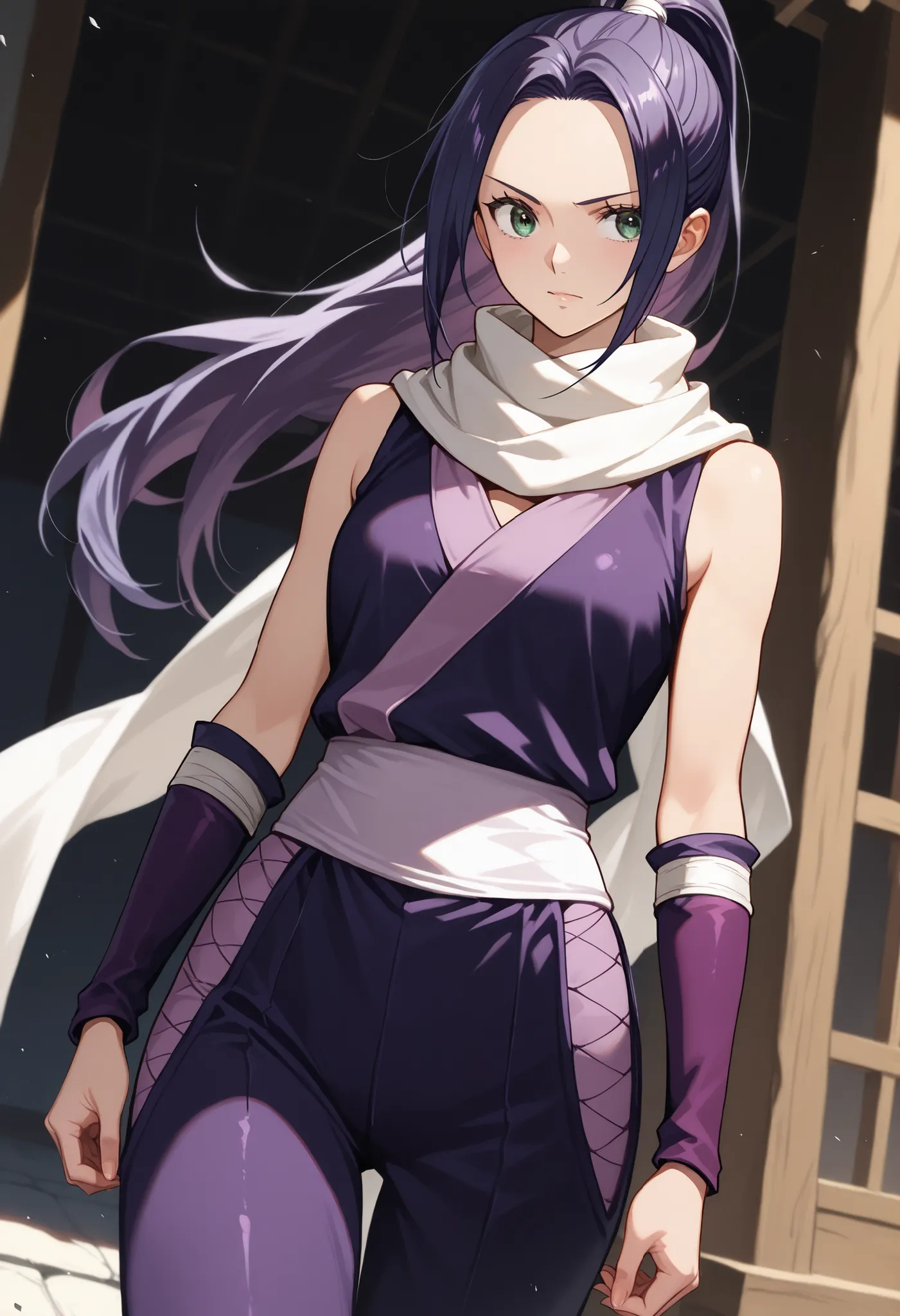 solo, 1girl, nefertari-vivi, long hair, dark purple hair, green eyes, ponytail, kunoichi, purple kunoichi suit, sleeveless, pants, white scarf, coboy shot, dutch angle