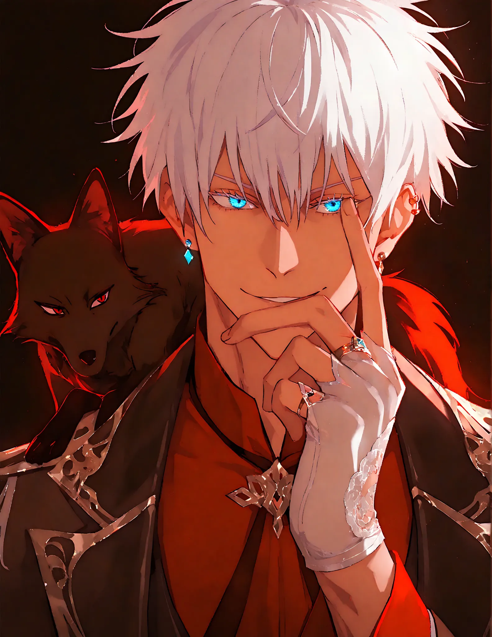 Anime Style, cinematic lighting, cinematic shadows, 1boy, male focus, gojou satoru, jujutsu kaisen, white hair, short hair, (hair between eyes), colored eyelashes, white eyelashes, (blue eyes:1.3), intricate eye iris, detailed eyes, sharp eyes, adult, muscular male, sexy man, handsome man, handsome face, mature, blue earrings, ear piercings, ring, multiple rings, white leather gloves, fingerless gloves, half gloves, solo, portrait, (hand over face), villain aesthetic, evil, villainous, smirk, dynamic shadows, (a black fox with red eyes on his shoulder:1.5), male cool clothes, cool fashion, intricate clothes, intricate accessories, intricate patterns, cool, stylish, alternate costume, black gloves, black coat, shirt, white pants, dark atmosphere, simple background, black background, red and blue theme, black theme, Abstract_Marble, abstract, pattern, abstract_pattern, marble_pattern,