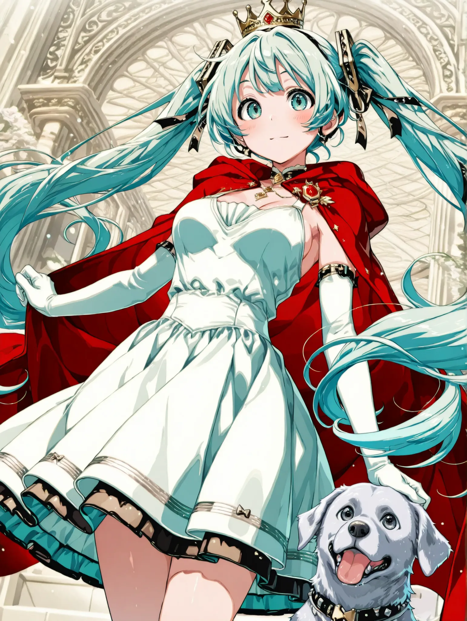 (masterpiece、Highest Quality、Highest Quality、Official Art、beautiful and beautiful:1.2)、[Hatsune Miku（beautiful breasts、Light Green Twin Tails、wears a crown、Elegant dress）]、A girl is holding a dog、[silver dog（wearing a crown、wearing a red cloak）]